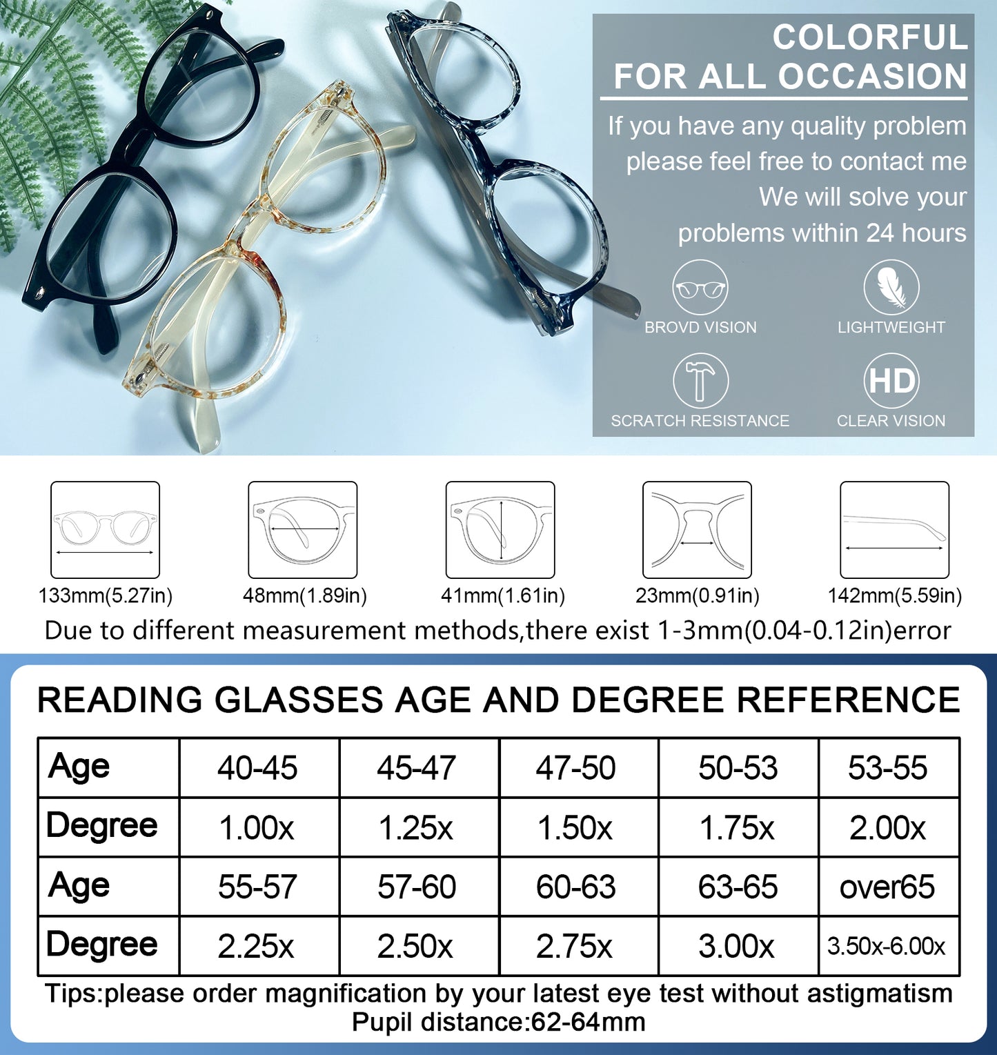 OCCI CHIARI Ladies Reading Glasses for Round Women 1.0+ Spring hinge Comfort Readers OC5006