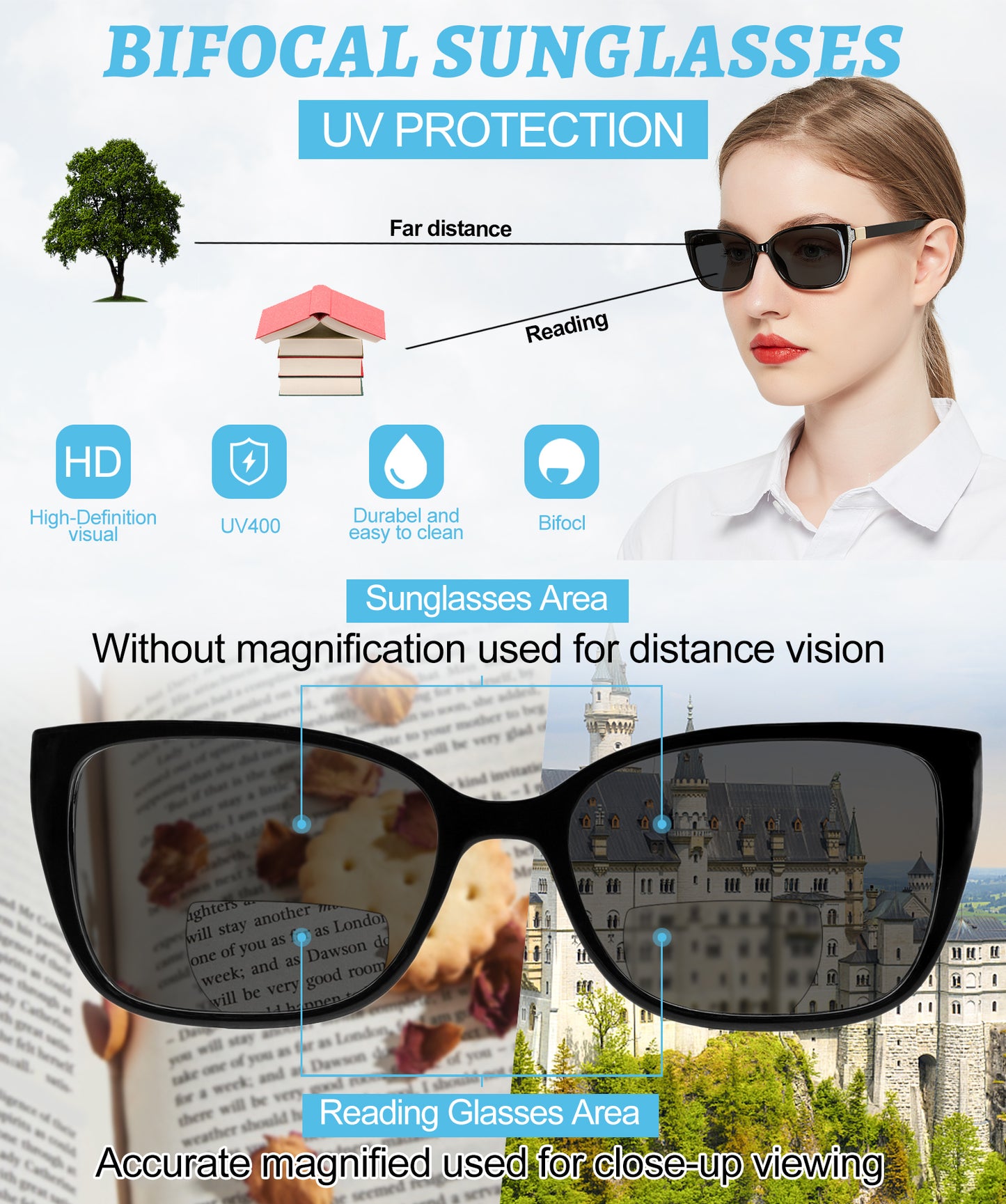 OCCI CHIARI Bifocal Reading Sunglasses Womems Large Blue Light Blocking Sun Readers Outdoor UV400 ABL5117BS
