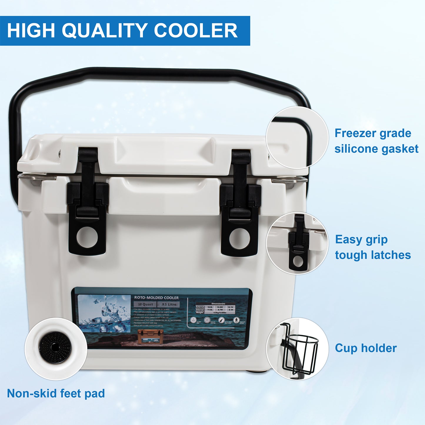 Insulated Portable Cooler with Heavy Duty Handles, Leak-Proof Outdoor Hard Cooler Keeps Ice for up to 5 Days, Great for Beach, Camping, Tailgating, Sports, & More