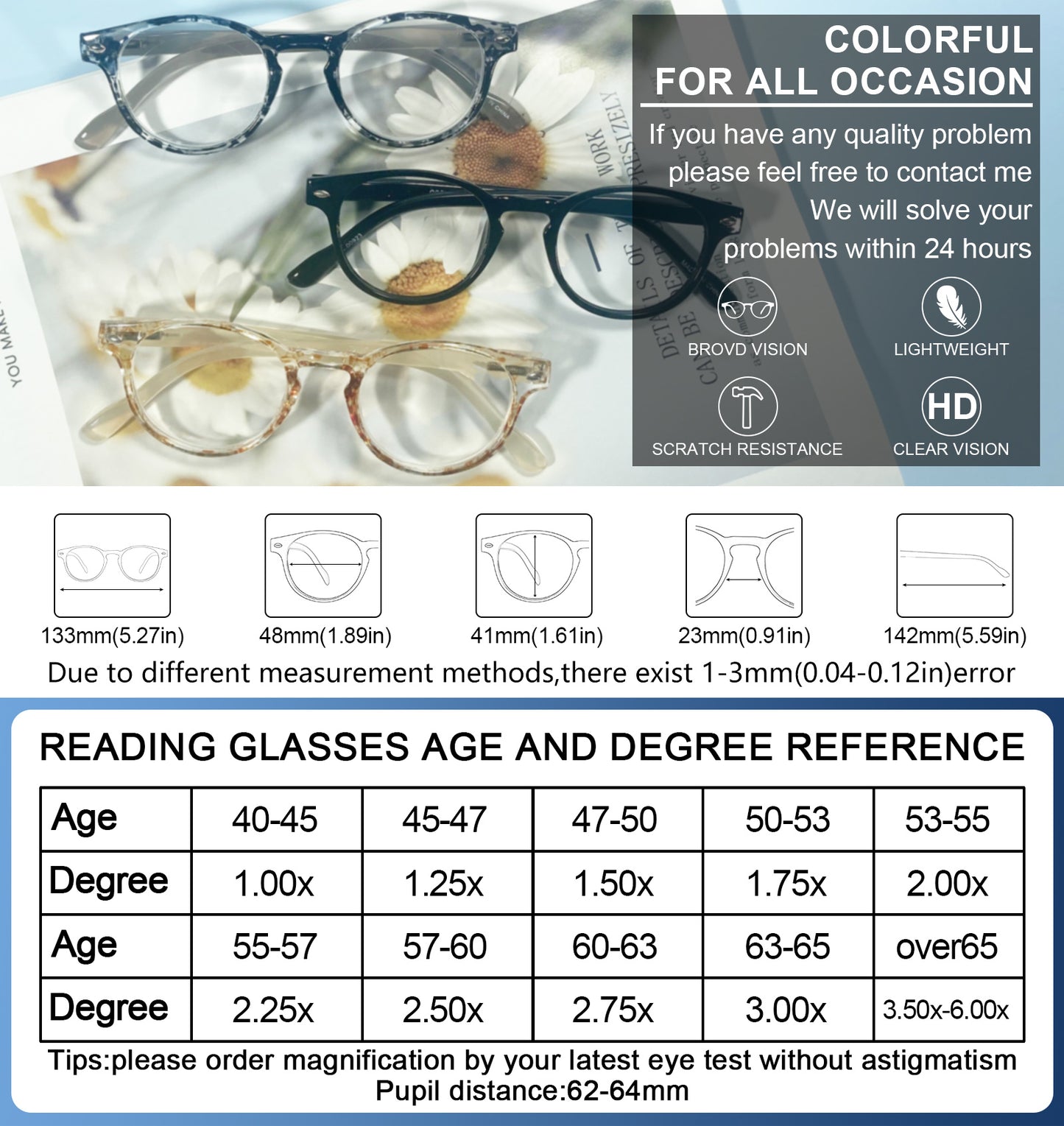 OCCI CHIARI Ladies Reading Glasses for Round Women 1.0+ Spring hinge Comfort Readers OC5006