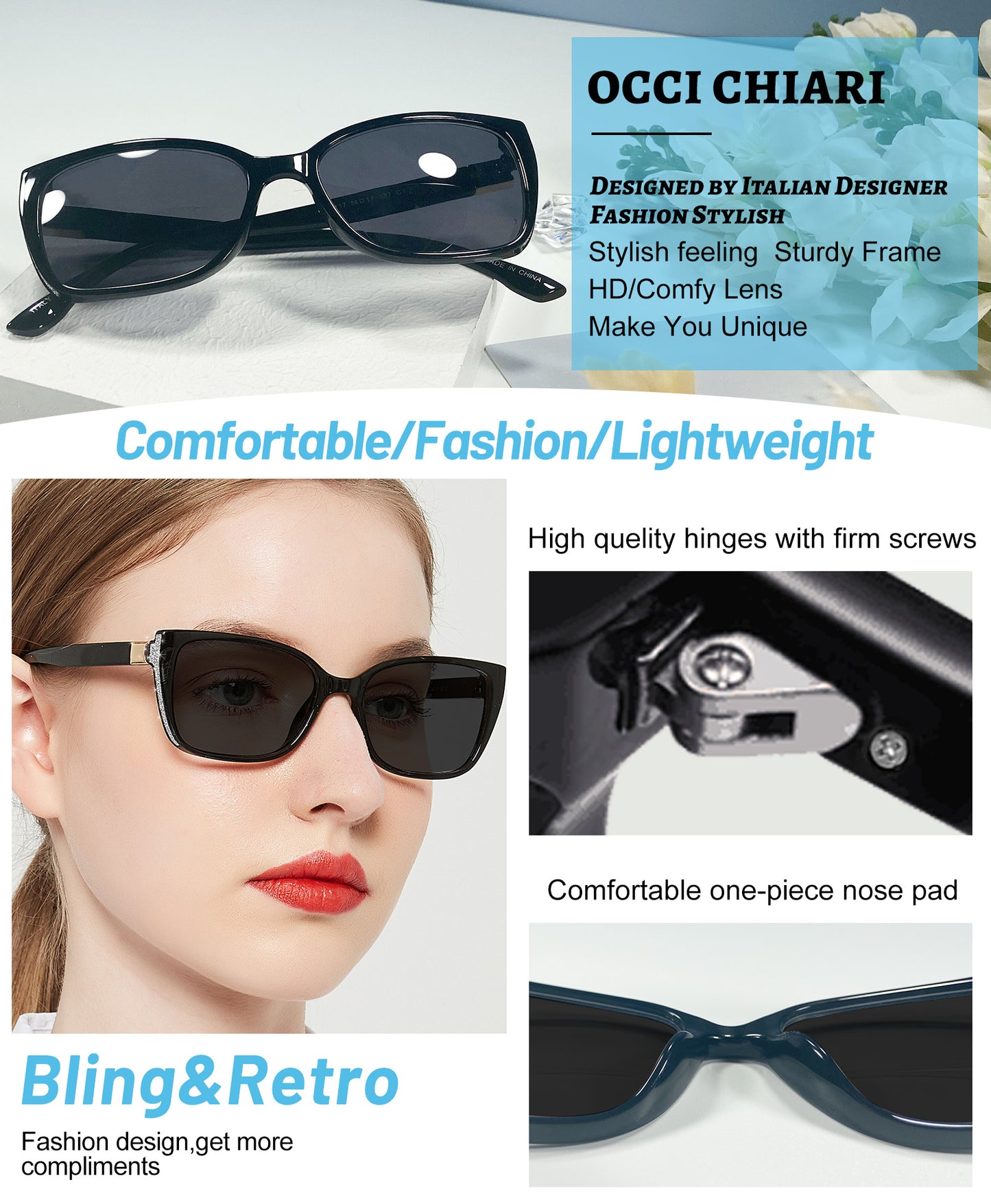 OCCI CHIARI Bifocal Reading Sunglasses Womems Large Blue Light Blocking Sun Readers Outdoor UV400 ABL5117BS
