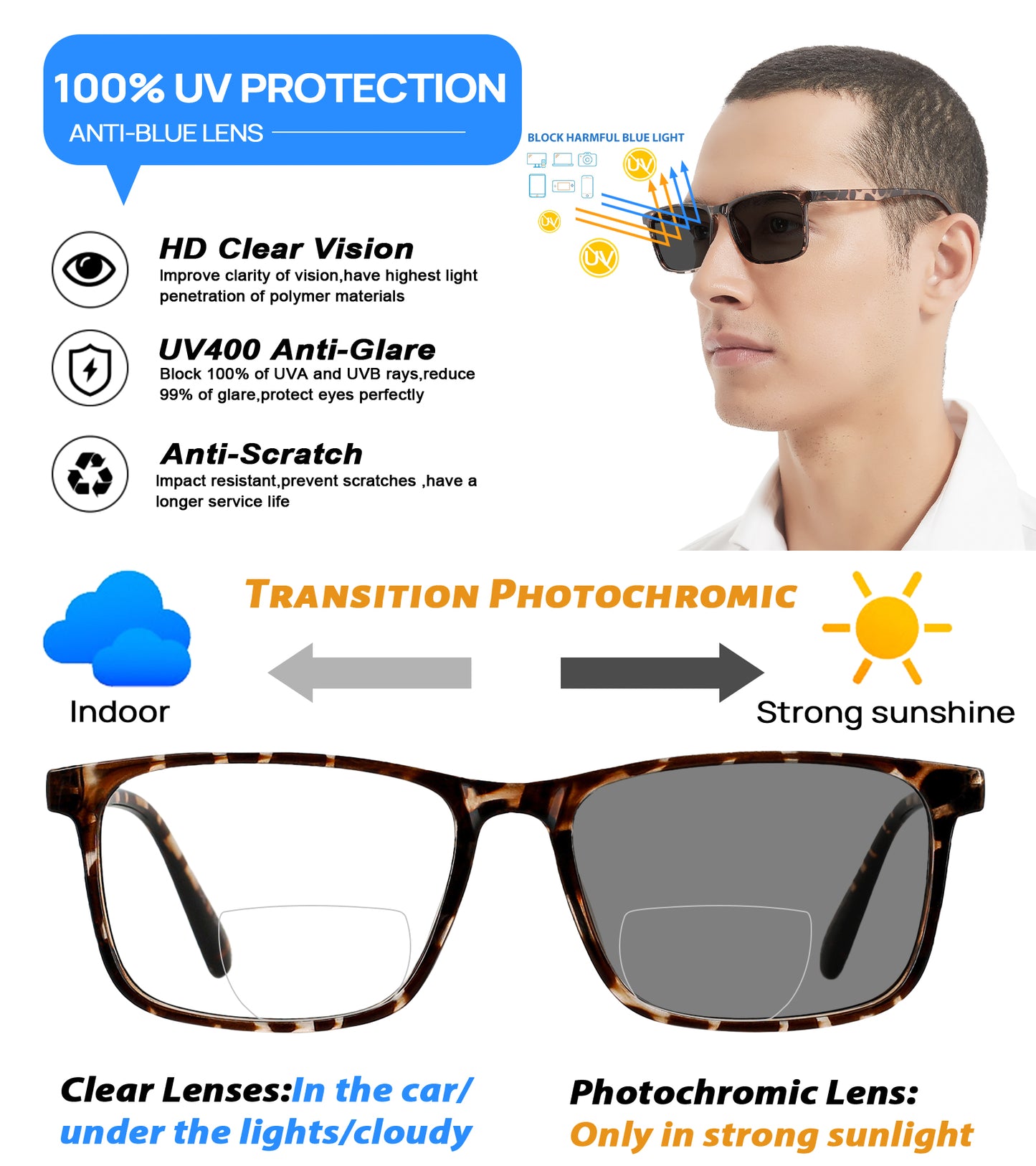 OCCI CHIARI Photochromic Bifocal Reading Sunglasses for Men BS OC5195