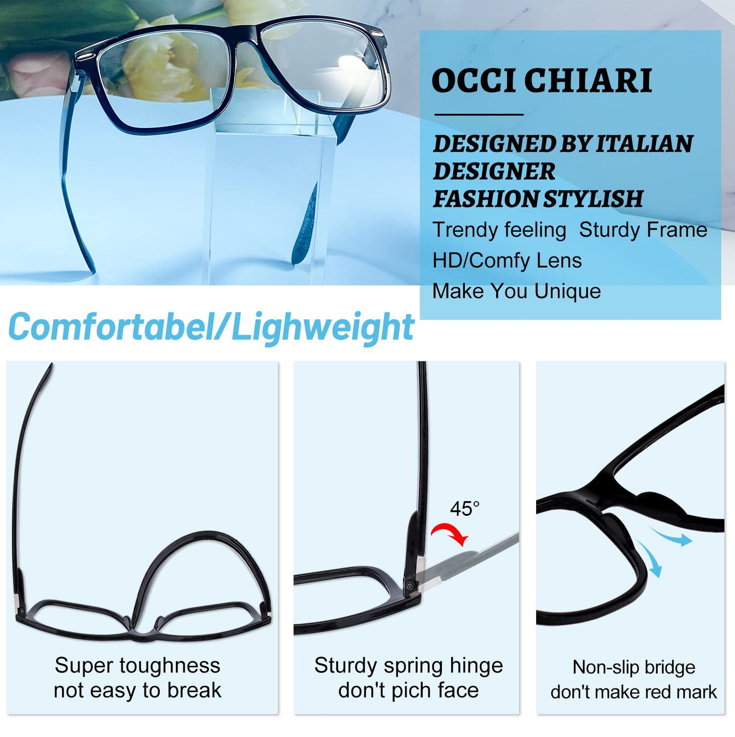 OCCI CHIARI Oversized Reading Glasses Men Stylish Square Readers 1.0 to 6.0