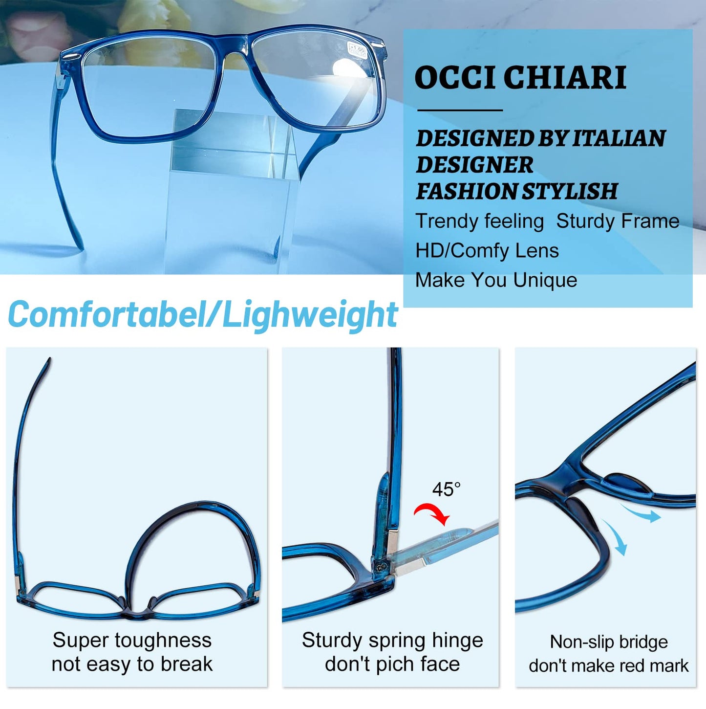 OCCI CHIARI Oversized Reading Glasses Men Stylish Square Readers 1.0 to 6.0