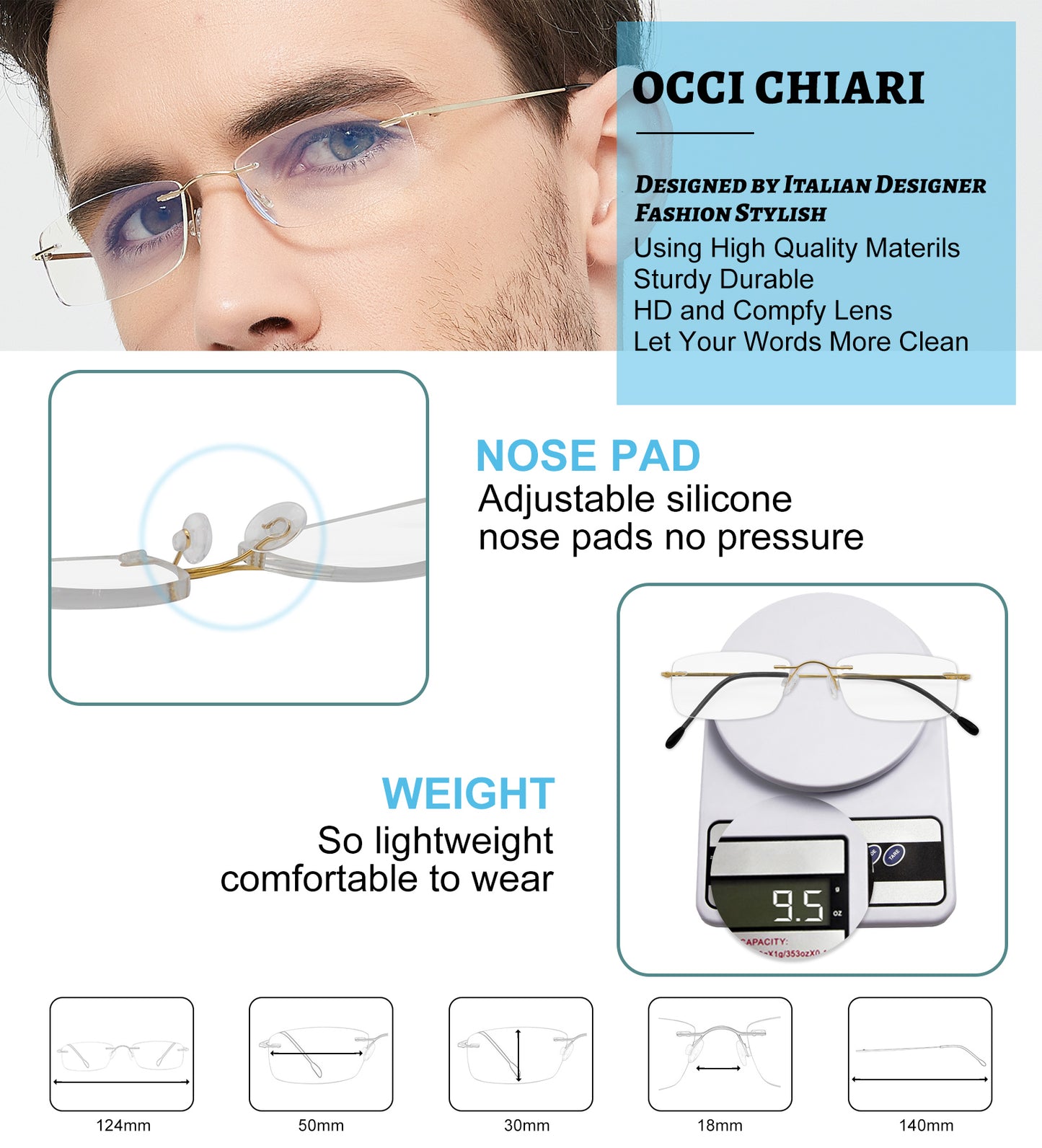 OCCI CHIARI Blue Light Blocking Reading Glasses for Men Titanium Frameless Readers Lightweight ABL5011