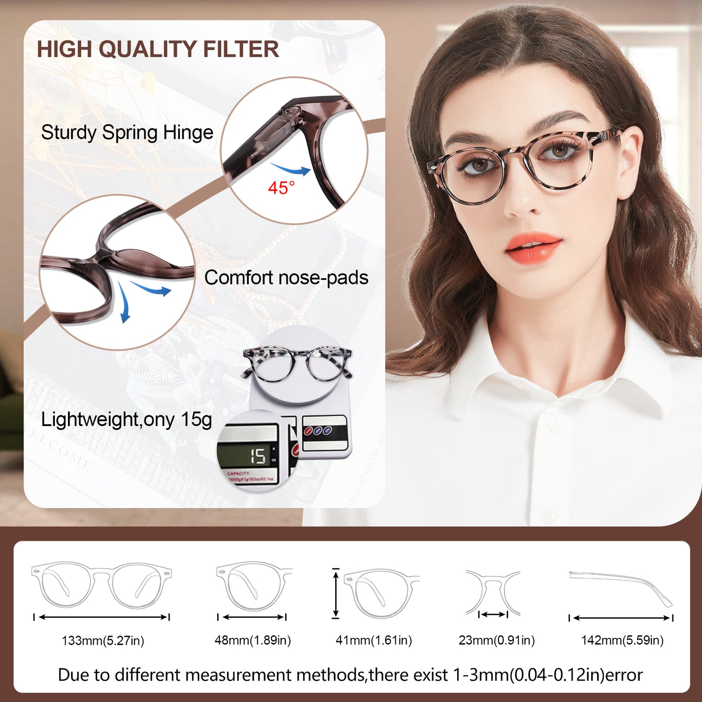 Computer Reading Glasses Blue Light Blocking Round Reader For Women ABL5006