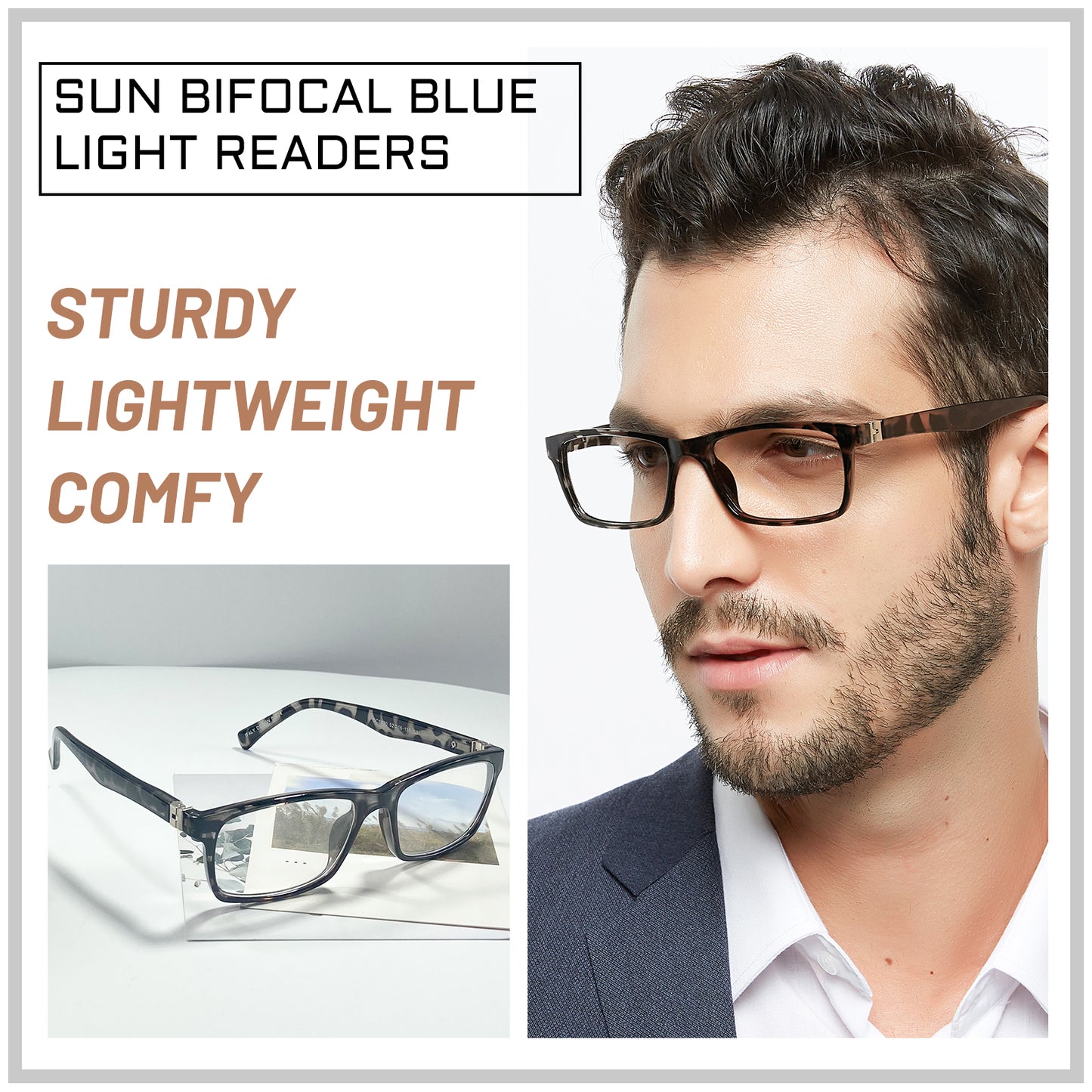 OCCI CHIARI Bifocals Reading Glasses for Men,Transition Square Eye Protection Readers OC5030BB