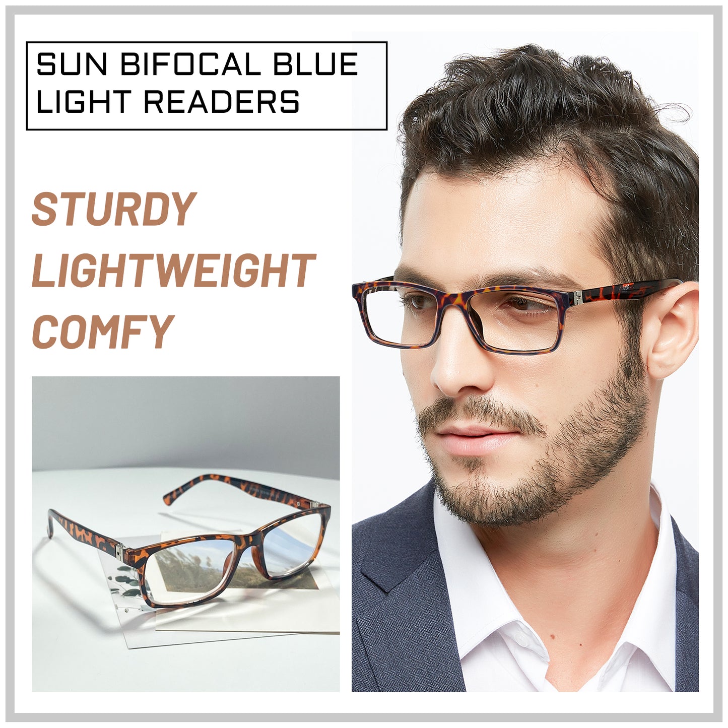 OCCI CHIARI Bifocals Reading Glasses for Men,Transition Square Eye Protection Readers OC5030BB