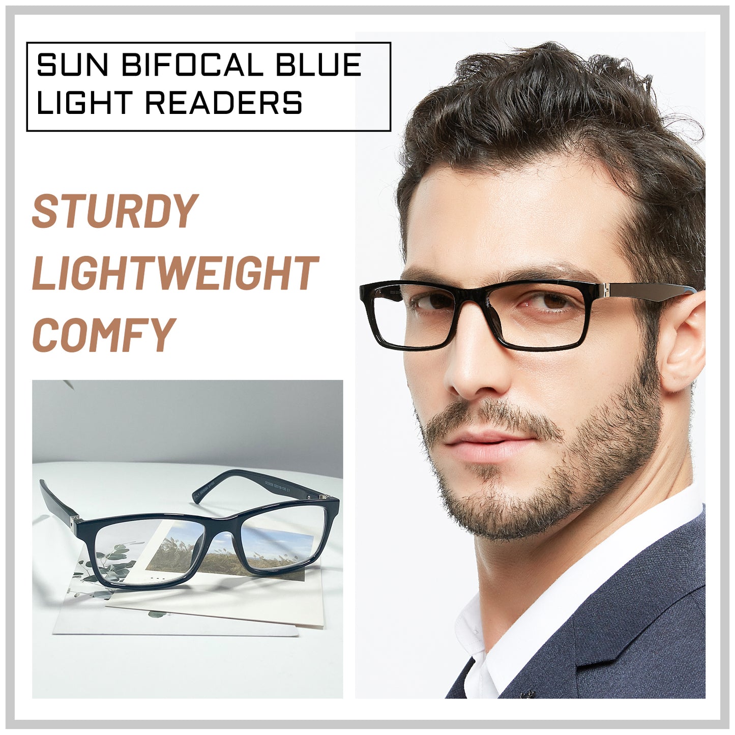 OCCI CHIARI Bifocals Reading Glasses for Men,Transition Square Eye Protection Readers OC5030BB