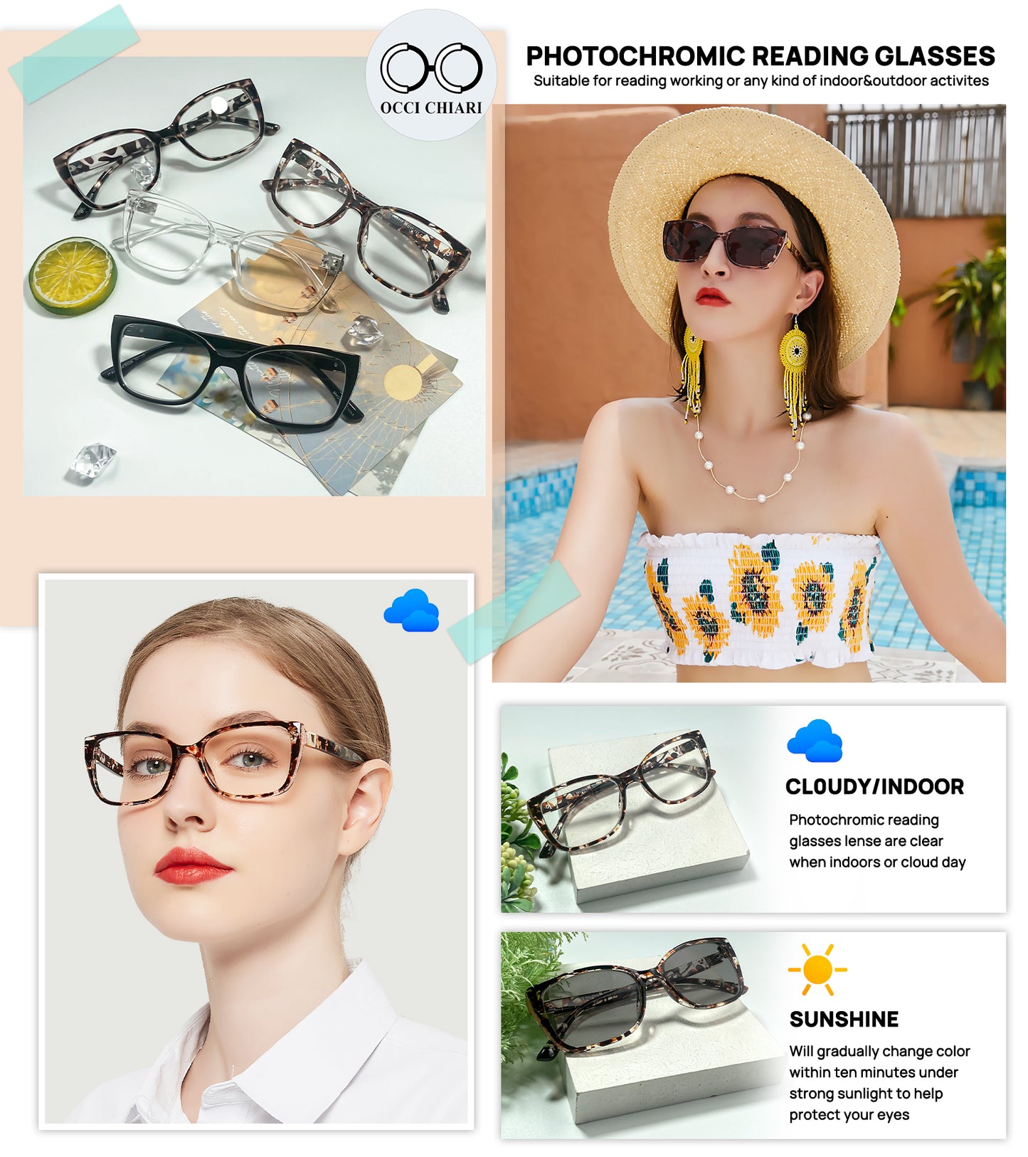 OCCI CHIARI Blue Light Blocking Photochromic Reading Glasses Large Sunglasses Readers POC5117