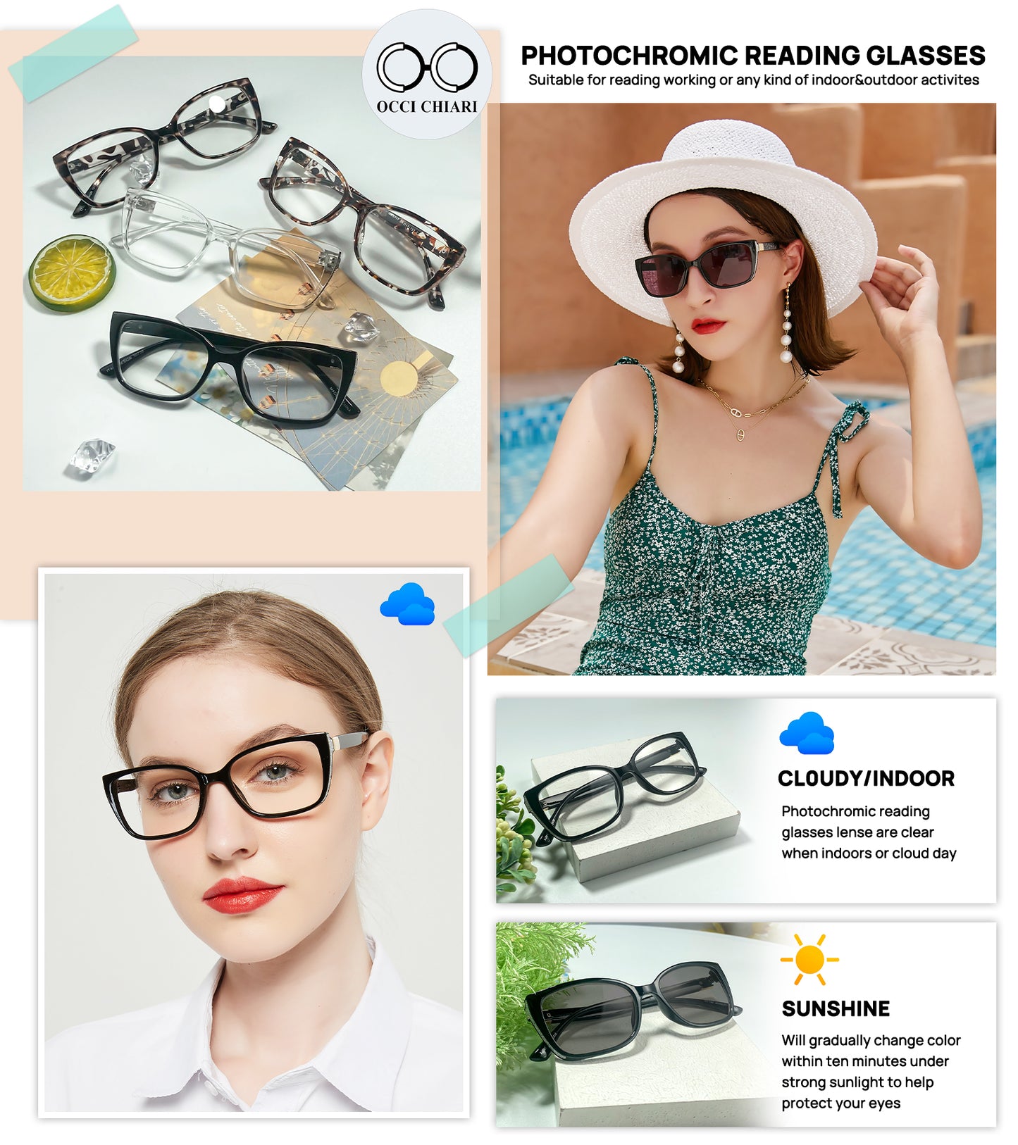 OCCI CHIARI Blue Light Blocking Photochromic Reading Glasses Large Sunglasses Readers POC5117