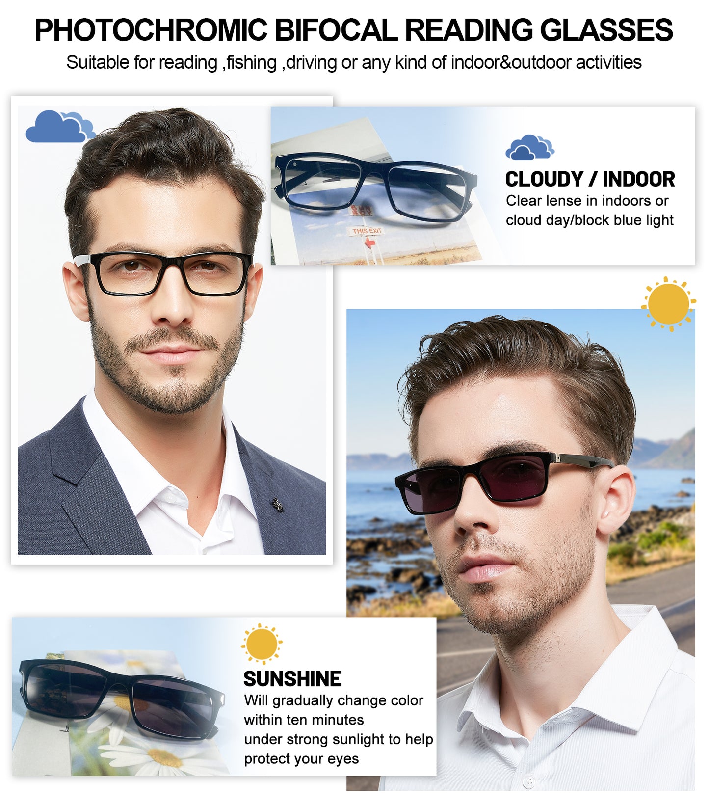 OCCI CHIARI Photochromic Bifocal Reading Glasses for Mens,Square Transition UV Protection Sunglasses Readers BS OC5030
