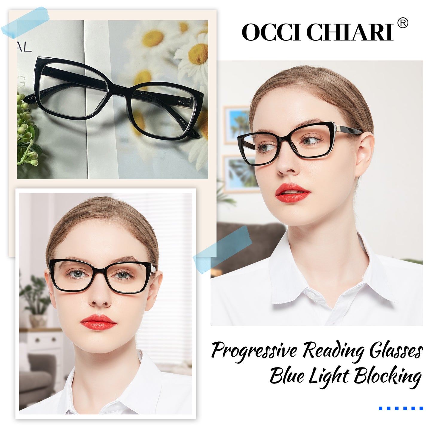 OCCI CHIARI Progressive Bifocal Reading Glasses for Women Transition Multifocal Readers Blue Blocker OC5117JJ