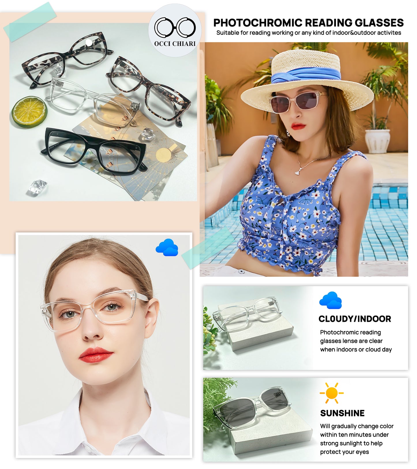 OCCI CHIARI Blue Light Blocking Photochromic Reading Glasses Large Sunglasses Readers POC5117