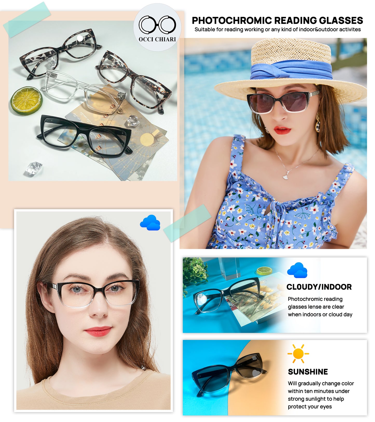 OCCI CHIARI Blue Light Blocking Photochromic Reading Glasses Large Sunglasses Readers POC5117