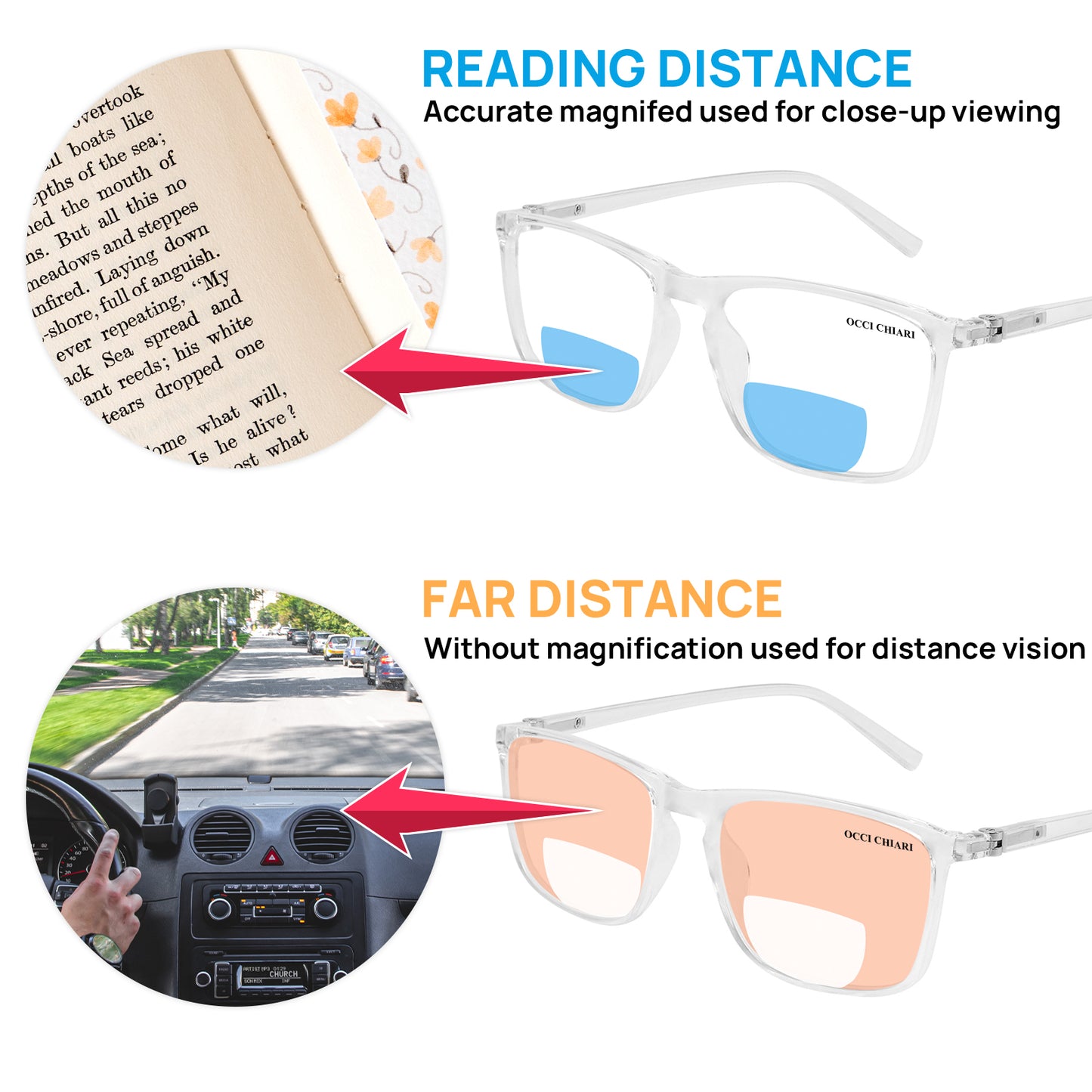 OCCI CHIARI Wide Bifocal Reading Glasses for Men Transition Blue Blocker Readers OC5026BB