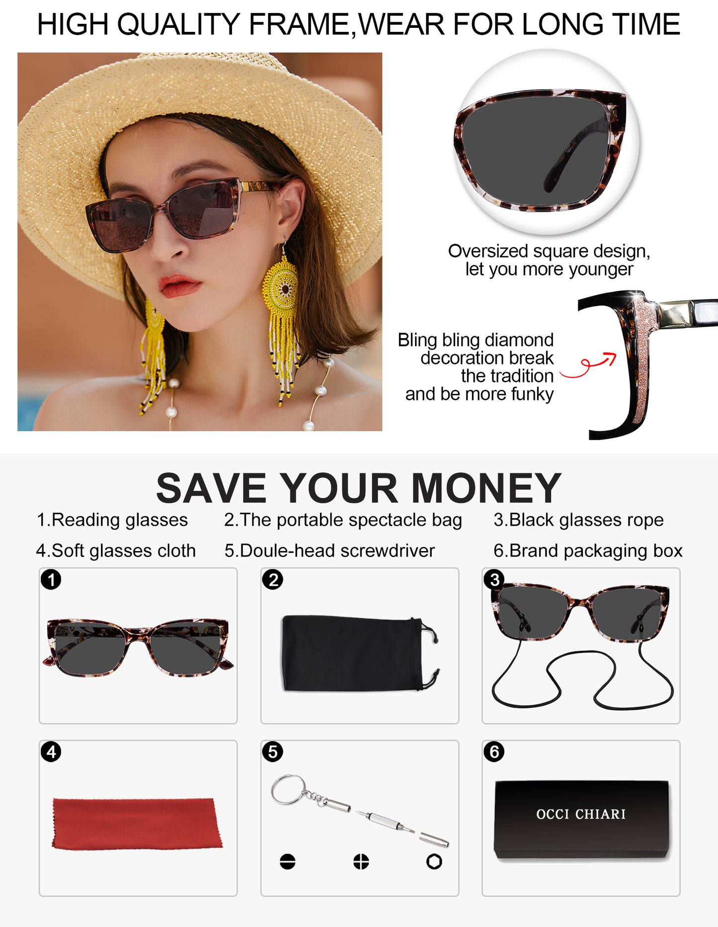 OCCI CHIARI Oversized Reader Sunglasses Oversized Reading Sunglasses For Women(1.0 1.25 1.5 1.75 2.0 2.25 2.5 2.75 3.0 3.5)