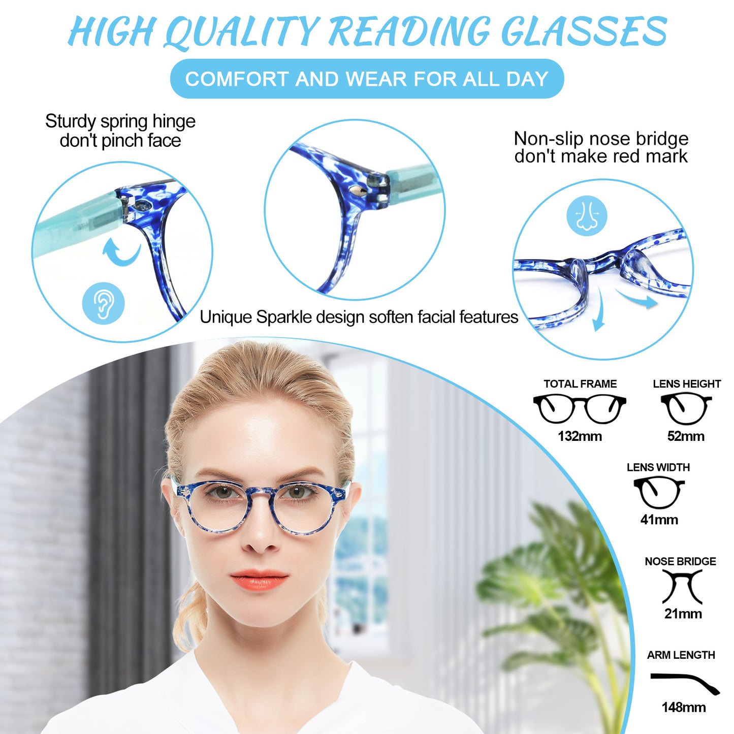 Computer Reading Glasses Blue Light Blocking Round Reader For Women ABL5006