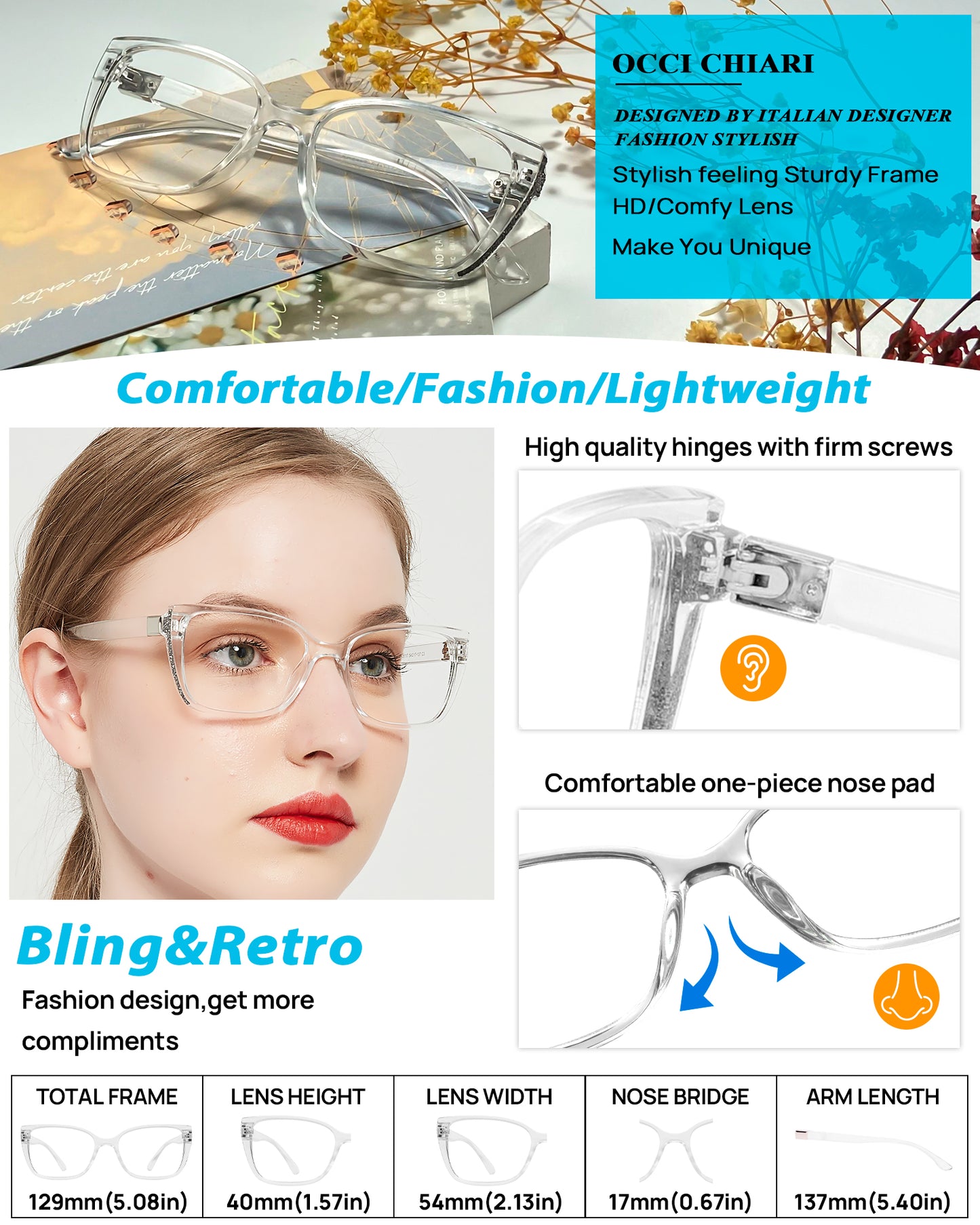 OCCI CHIARI Blue Light Blocking Photochromic Reading Glasses Large Sunglasses Readers POC5117