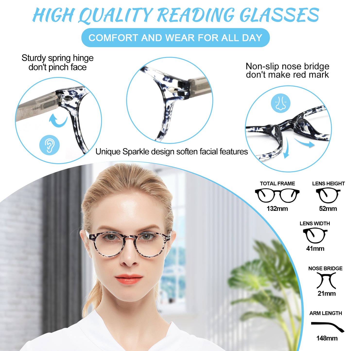 Computer Reading Glasses Blue Light Blocking Round Reader For Women ABL5006