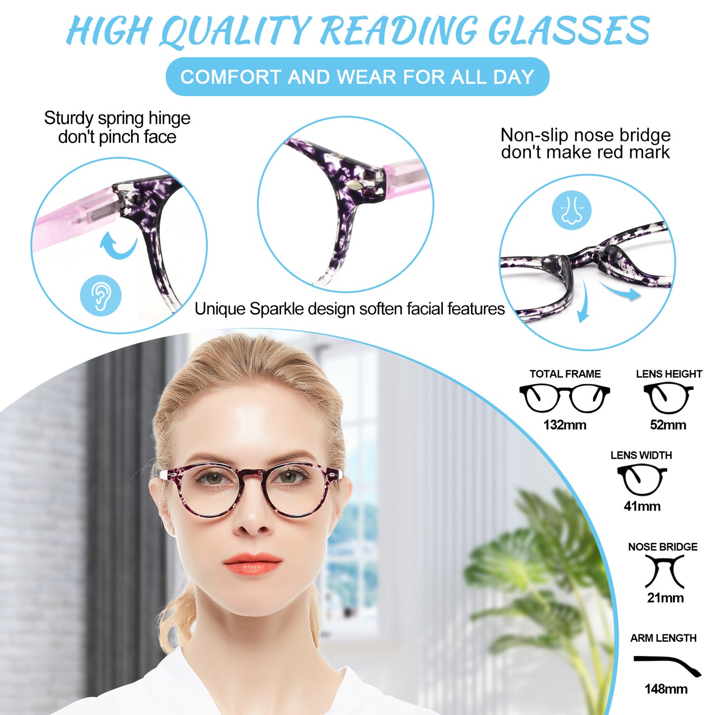 Computer Reading Glasses Blue Light Blocking Round Reader For Women ABL5006