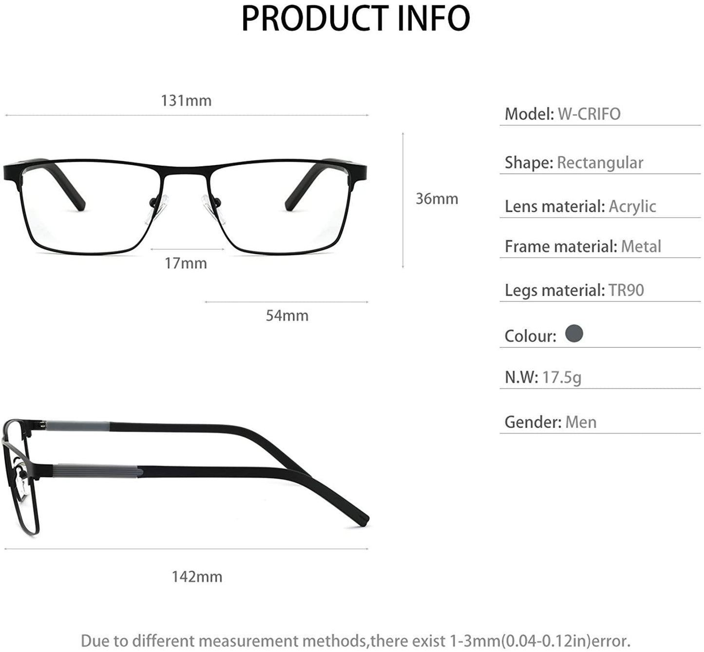 OCCI CHIARI Mens Rectangle Full-Rim Metal Black Prescription Clear Optical Glasses - Occichiari