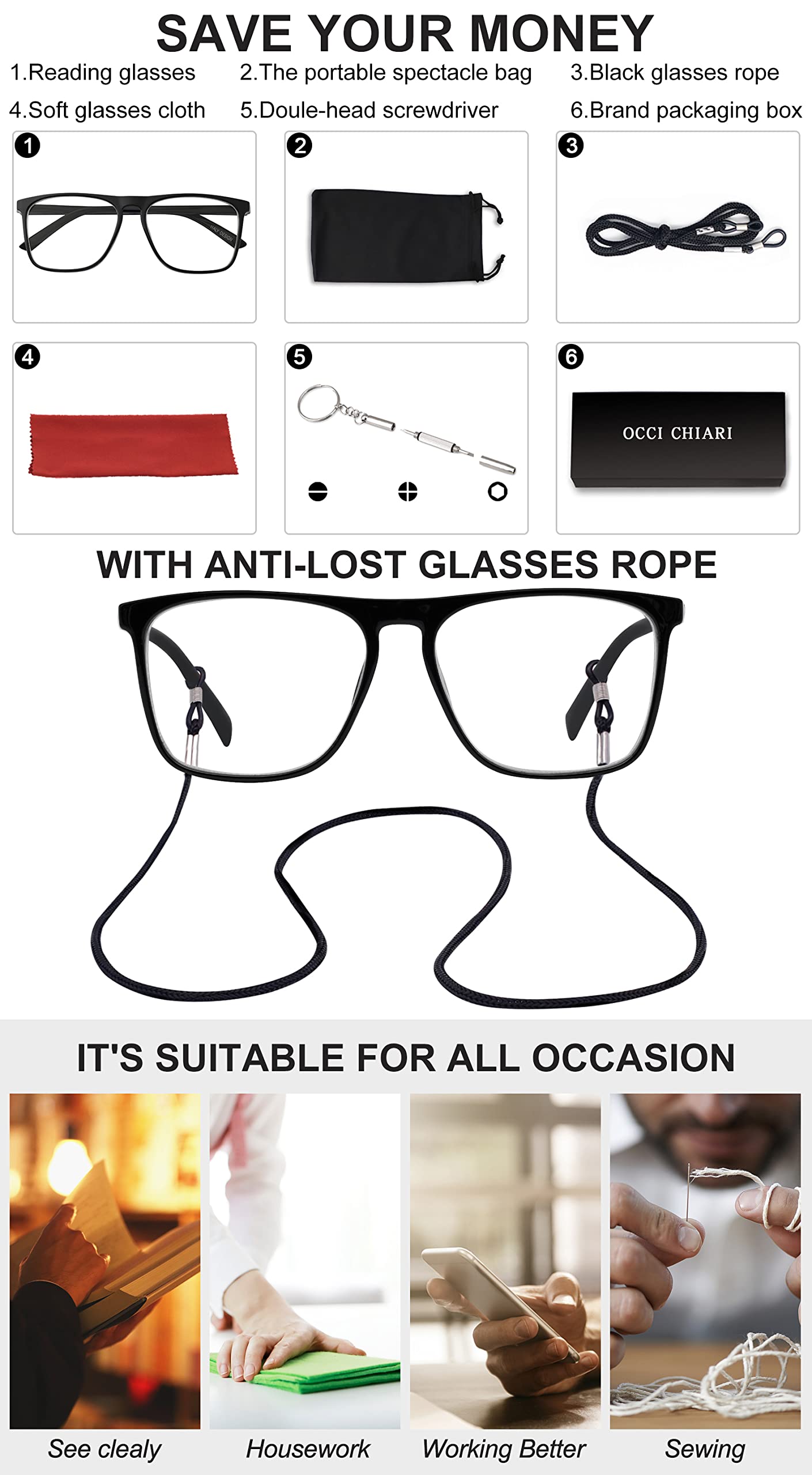 OCCI CHIARI Men's Oversized Fashion Reading Glasses Large Reader Oversized Frame OC5025