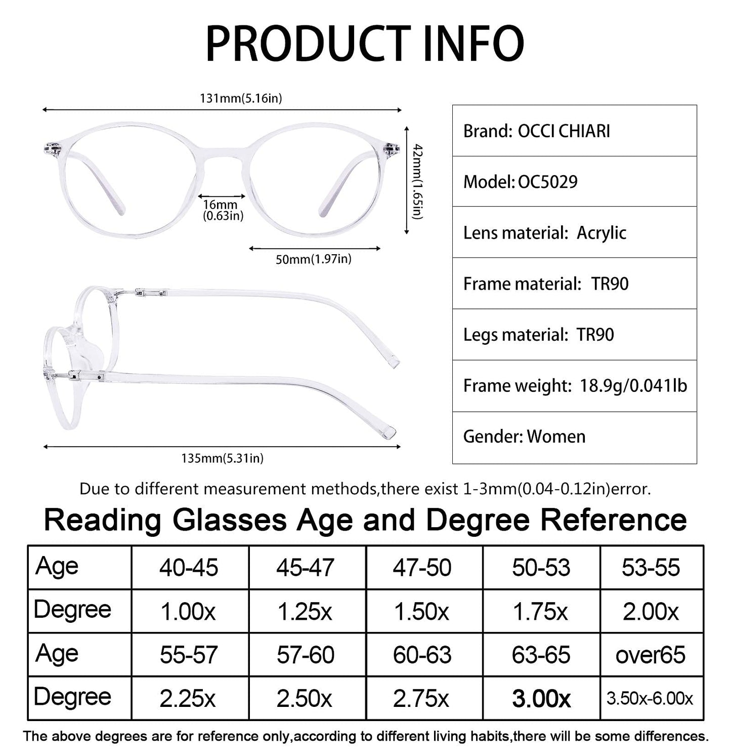 OCCI CHIARI Reading Glasses Women's Oval Reader Clear Frame (0 1.0 1.5 2.0 2.5 3.0 3.5)