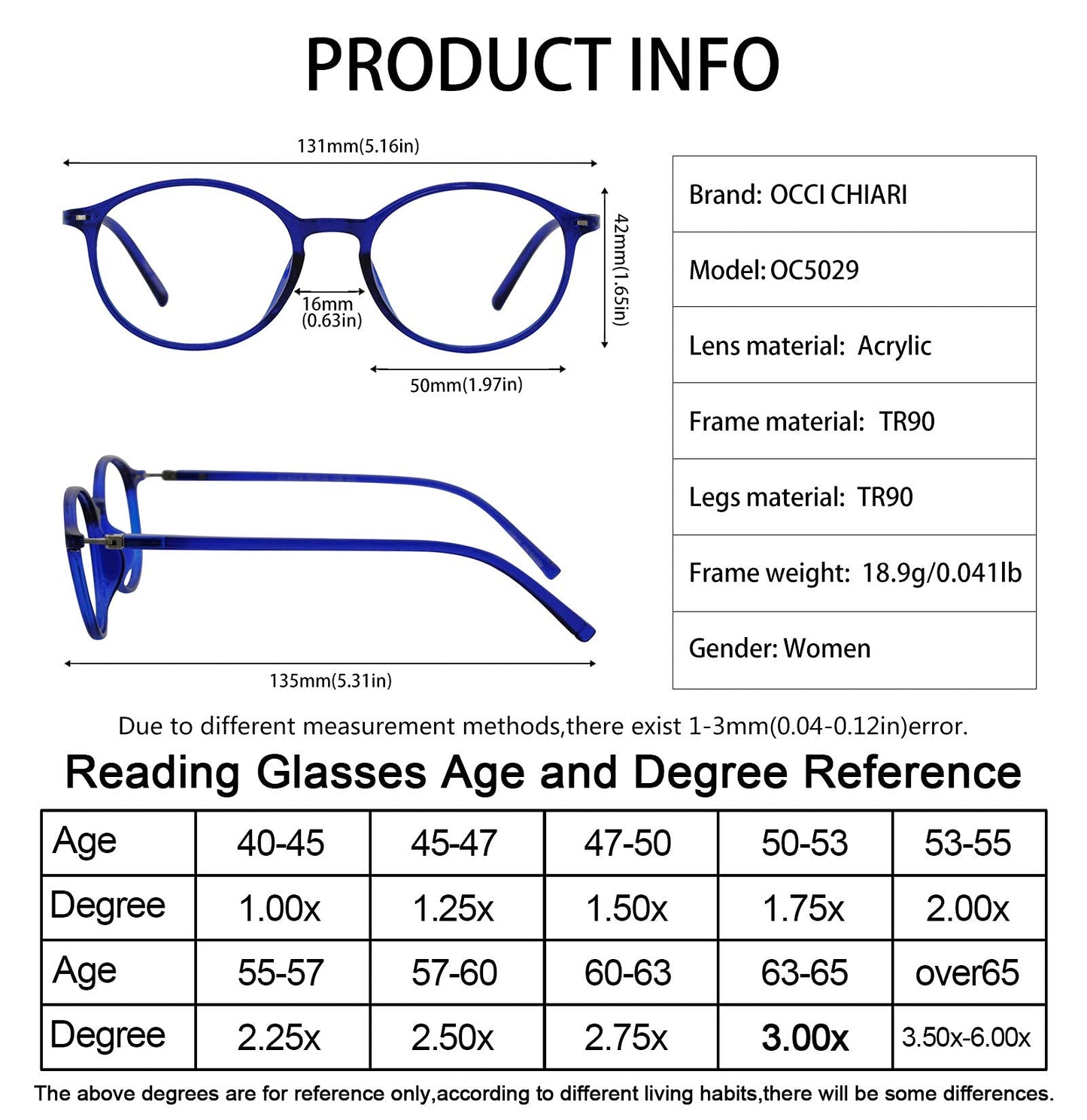 OCCI CHIARI Reading Glasses Women's Oval Reader Clear Frame (0 1.0 1.5 2.0 2.5 3.0 3.5)