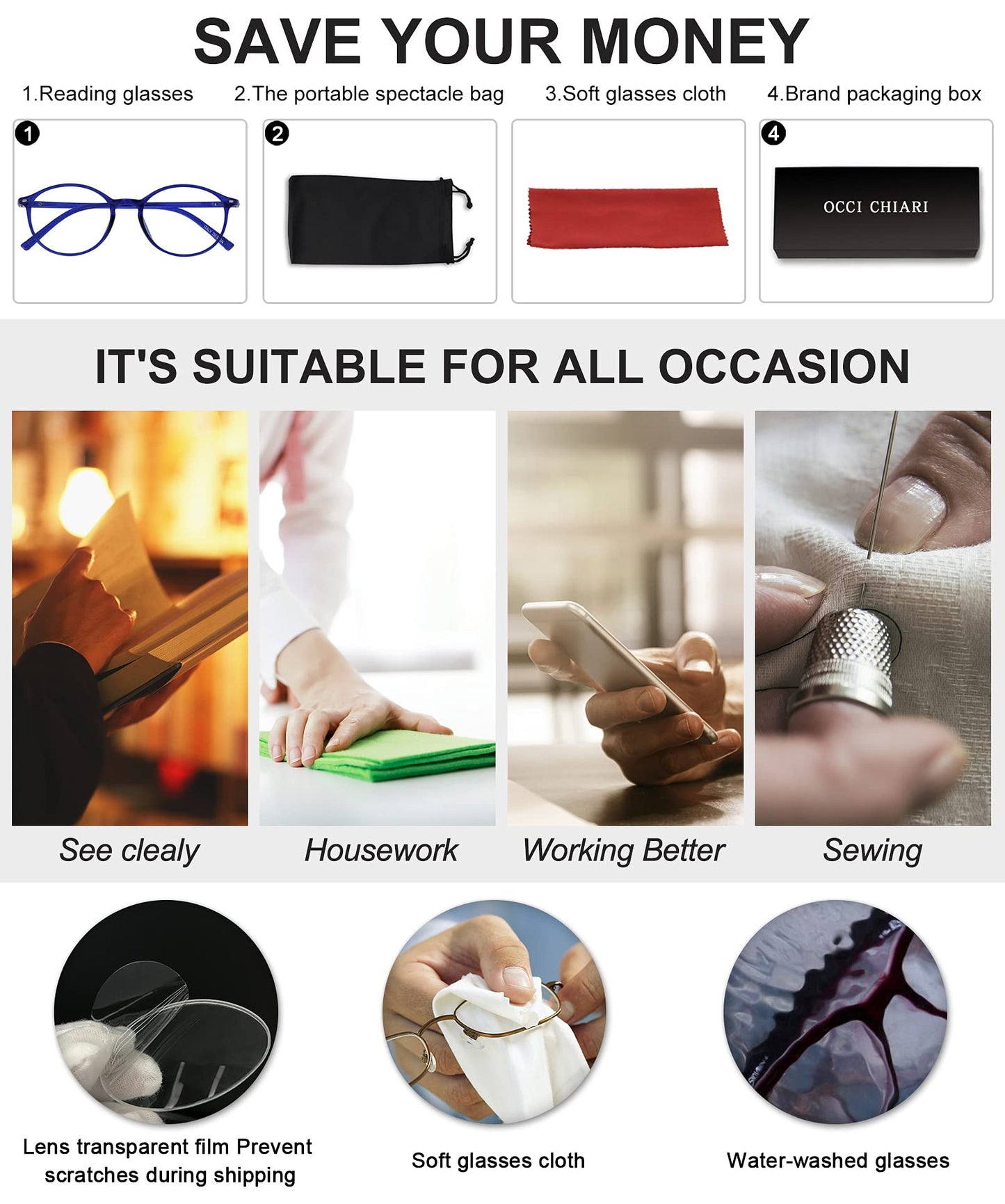 OCCI CHIARI Reading Glasses Women's Oval Reader Clear Frame (0 1.0 1.5 2.0 2.5 3.0 3.5)