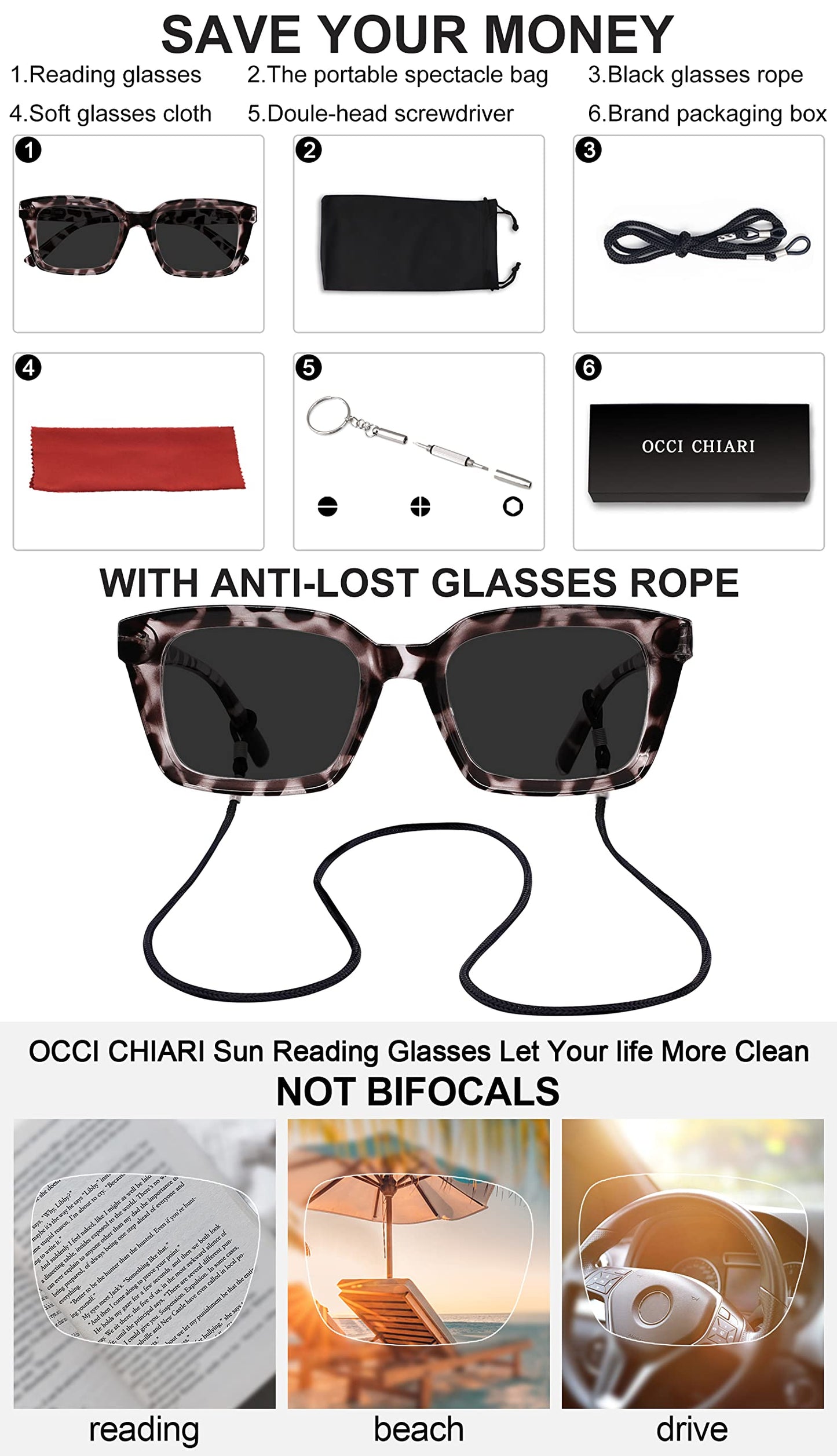 OCCI CHIARI Sun Reading Glasses for Women Large Sun Readers Blue Light Filter