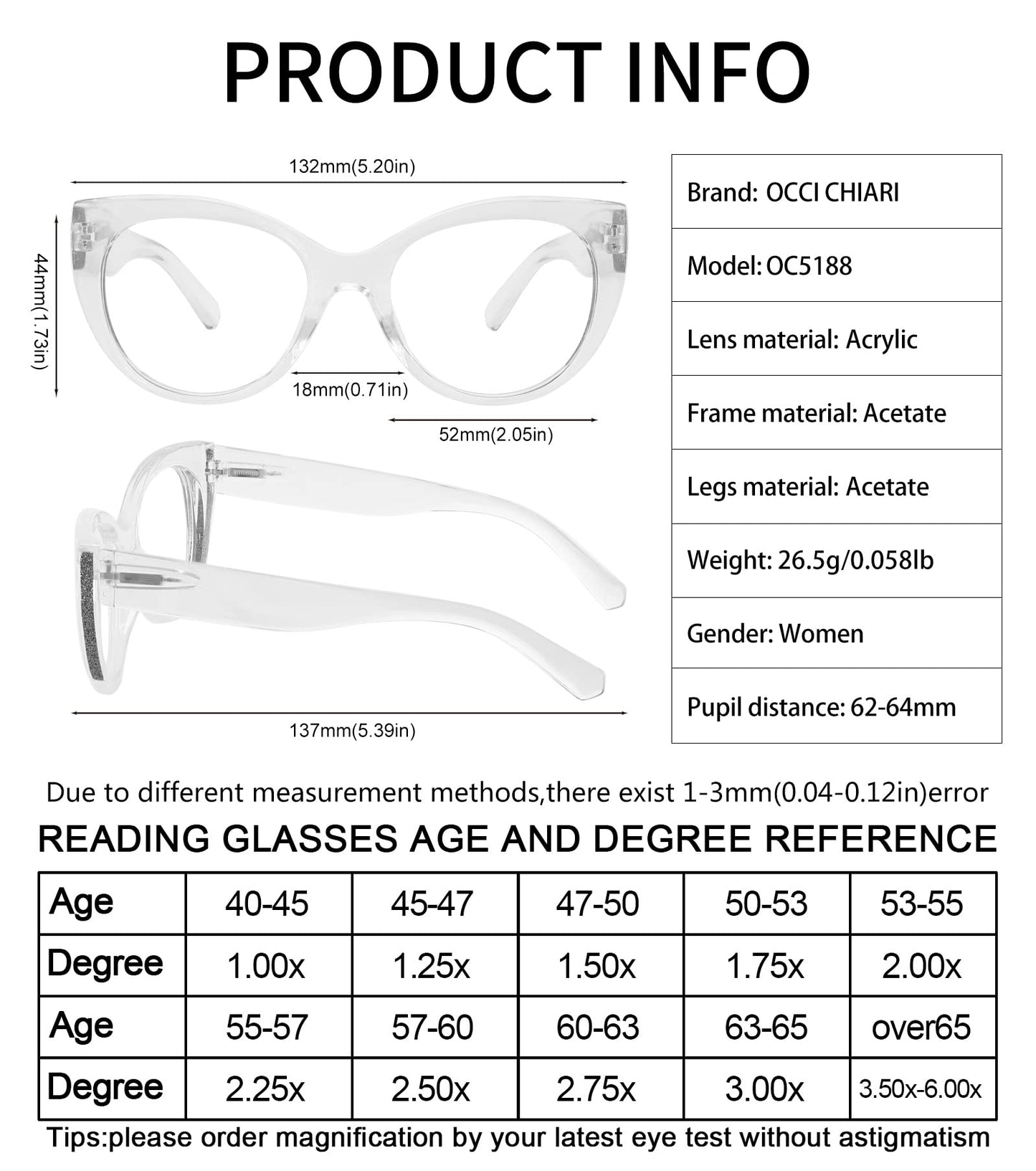 OCCI CHIARI Women's Stylish Reading Glasses Oversized Readers For Women OC5188
