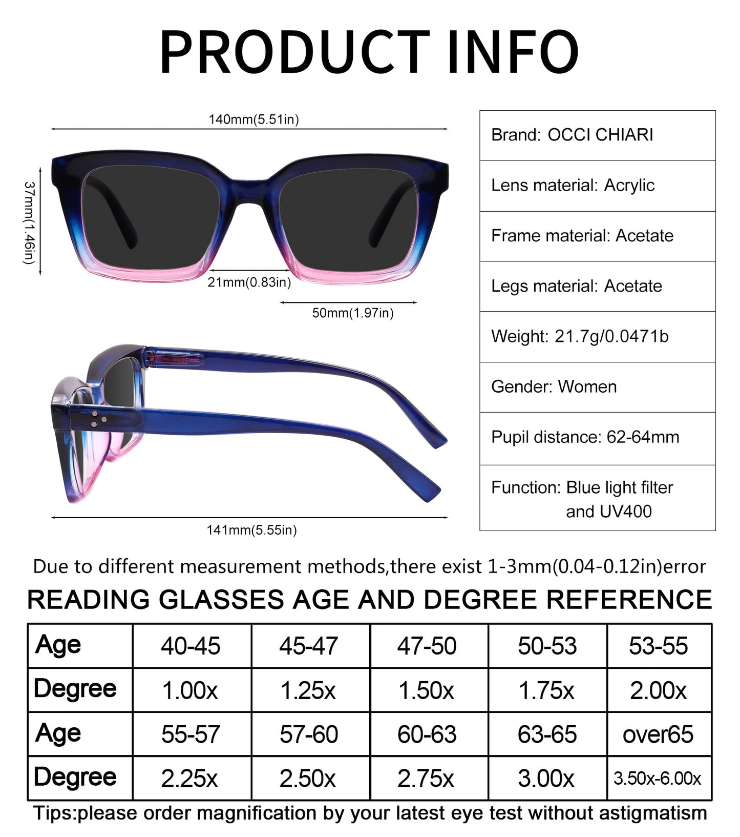 OCCI CHIARI Sun Reading Glasses for Women Large Sun Readers Blue Light Filter