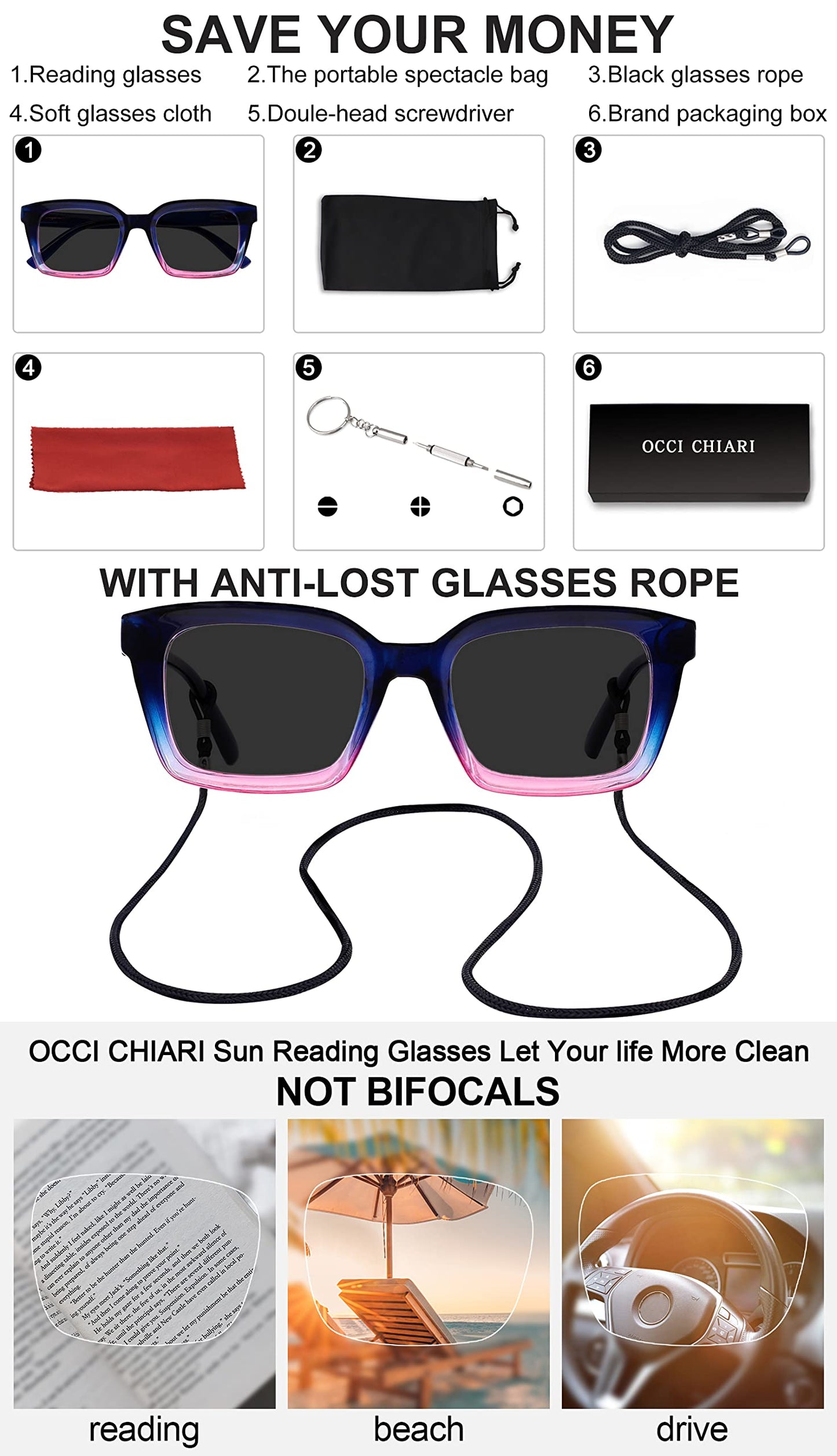 OCCI CHIARI Sun Reading Glasses for Women Large Sun Readers Blue Light Filter
