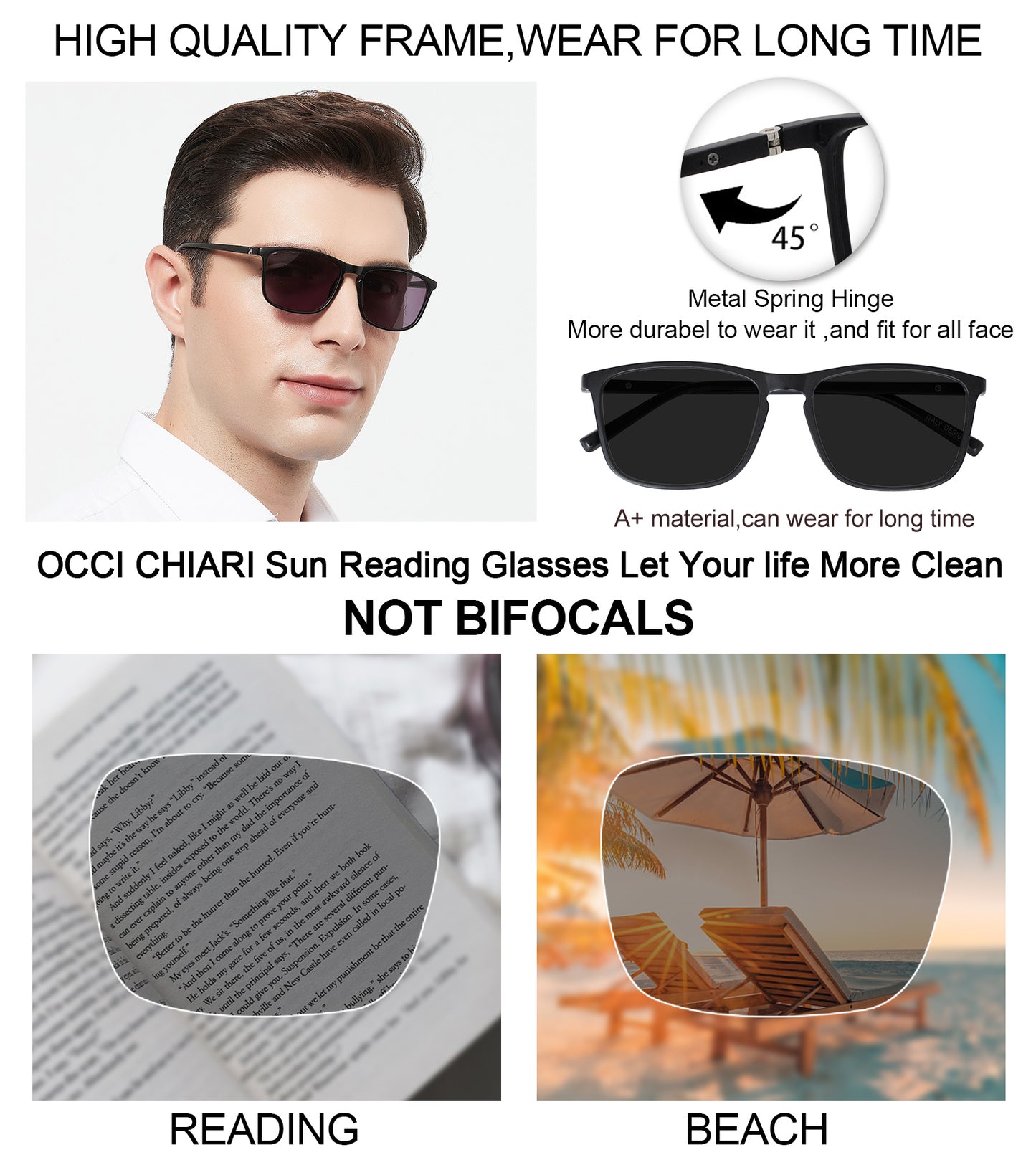 OCCI CHIARI Reading Sunglasses for Men Wide Sun Glasses Readers Outdoor UV400(1.0 1.25 1.5 1.75 2.0 2.25 2.5 2.75 3.0 3.5)