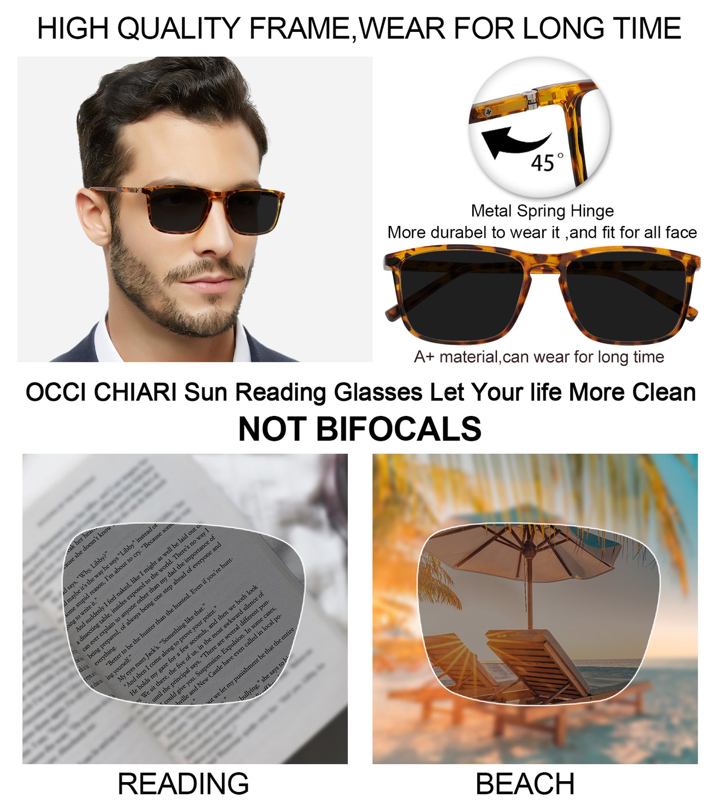 OCCI CHIARI Reading Sunglasses for Men Wide Sun Glasses Readers Outdoor UV400(1.0 1.25 1.5 1.75 2.0 2.25 2.5 2.75 3.0 3.5)