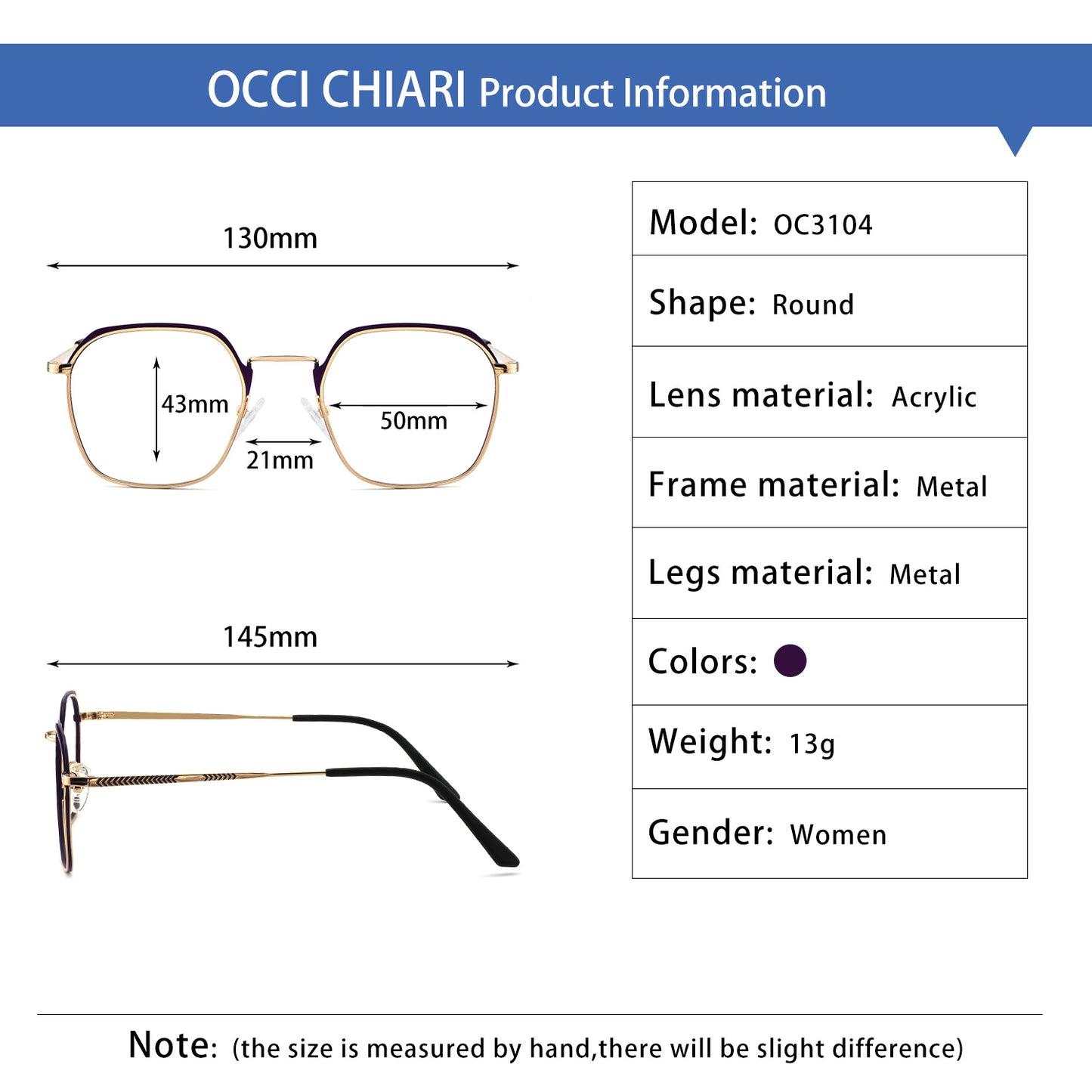 OCCI CHIARI Women Metal Blue light Block Glass with Non-prescription for Computer OC3104