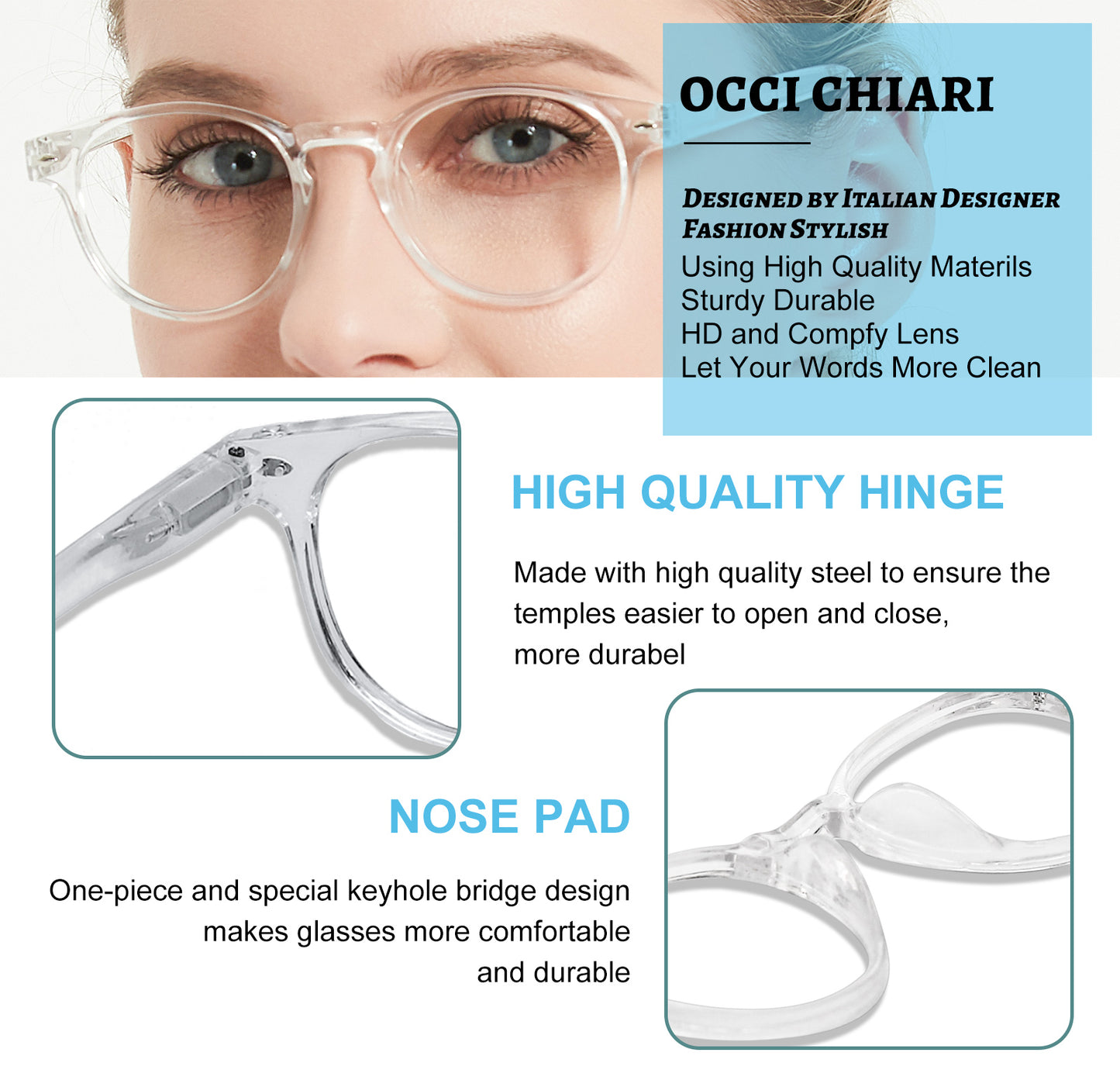 OCCI CHIARI Ladies Reading Glasses for Round Women 1.0+ Spring hinge Comfort Readers(1.0 1.25 1.5 1.75 2.0 2.25 2.5 2.75 3.0 3.5 4.0 5.0 6.0)