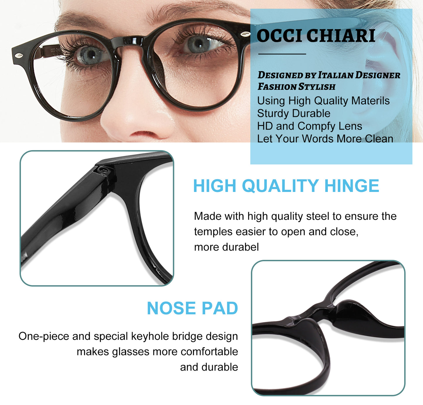 OCCI CHIARI Ladies Reading Glasses for Round Women 1.0+ Spring hinge Comfort Readers(1.0 1.25 1.5 1.75 2.0 2.25 2.5 2.75 3.0 3.5 4.0 5.0 6.0)