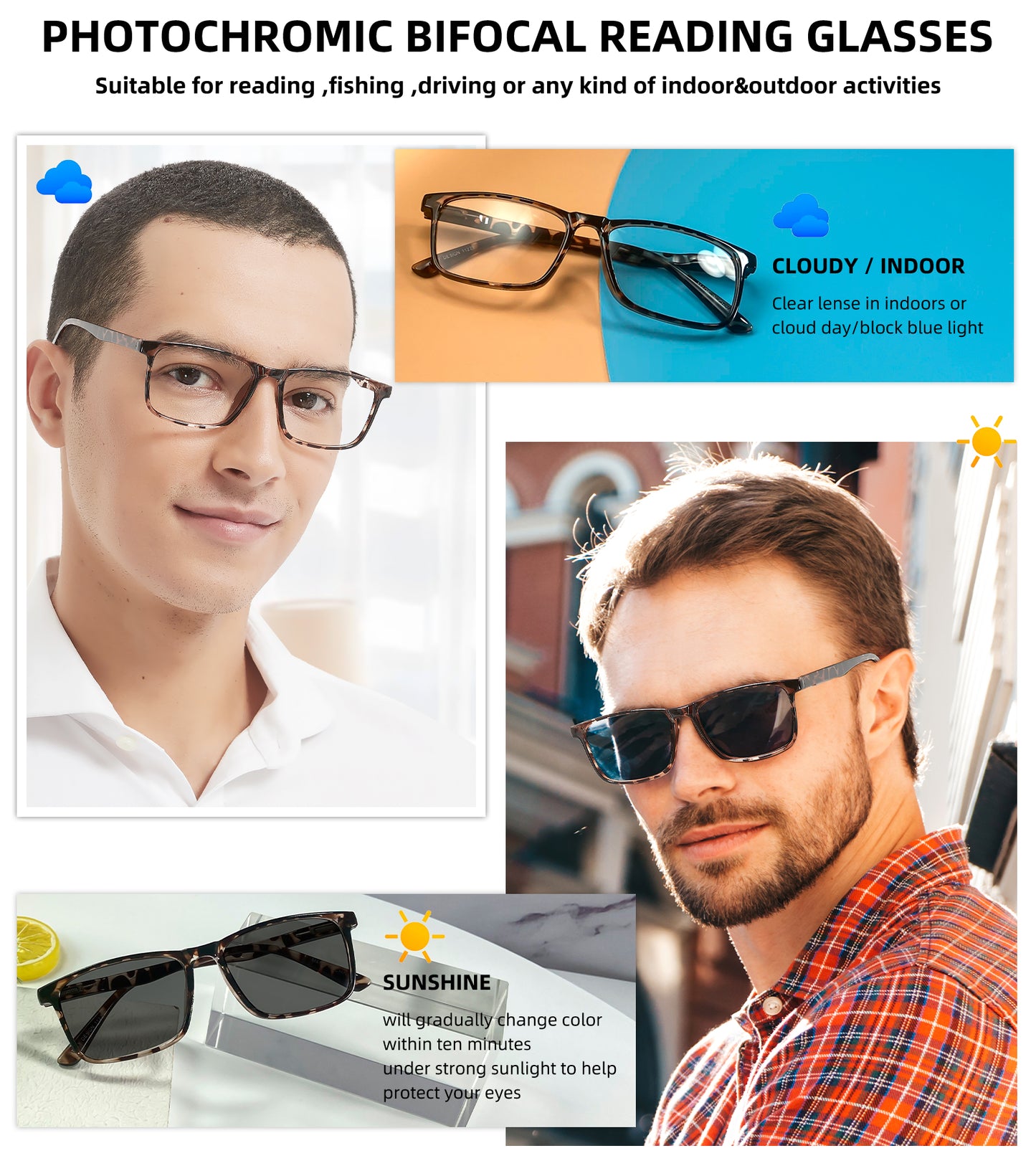 OCCI CHIARI Photochromic Bifocal Reading Sunglasses for Men