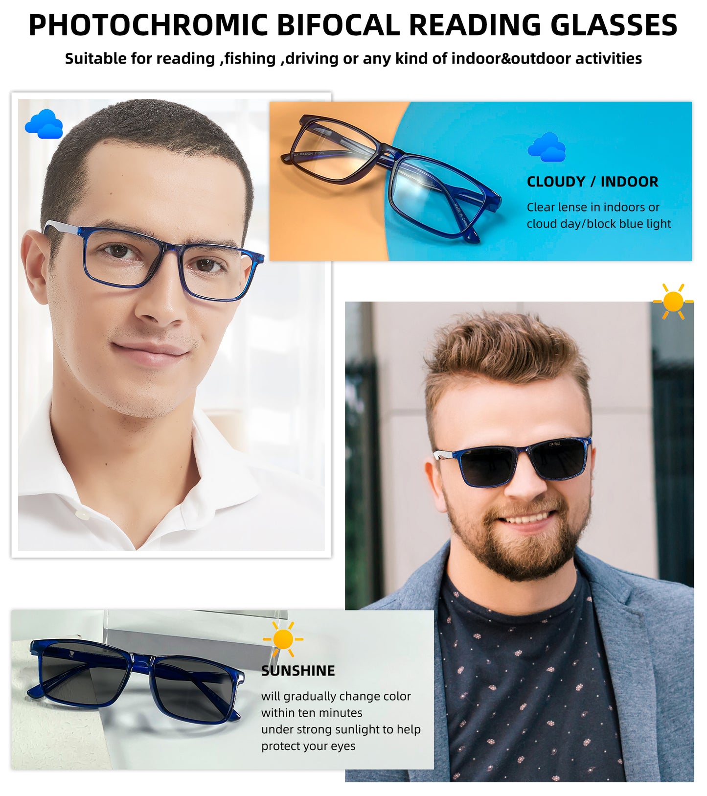 OCCI CHIARI Photochromic Bifocal Reading Sunglasses for Men