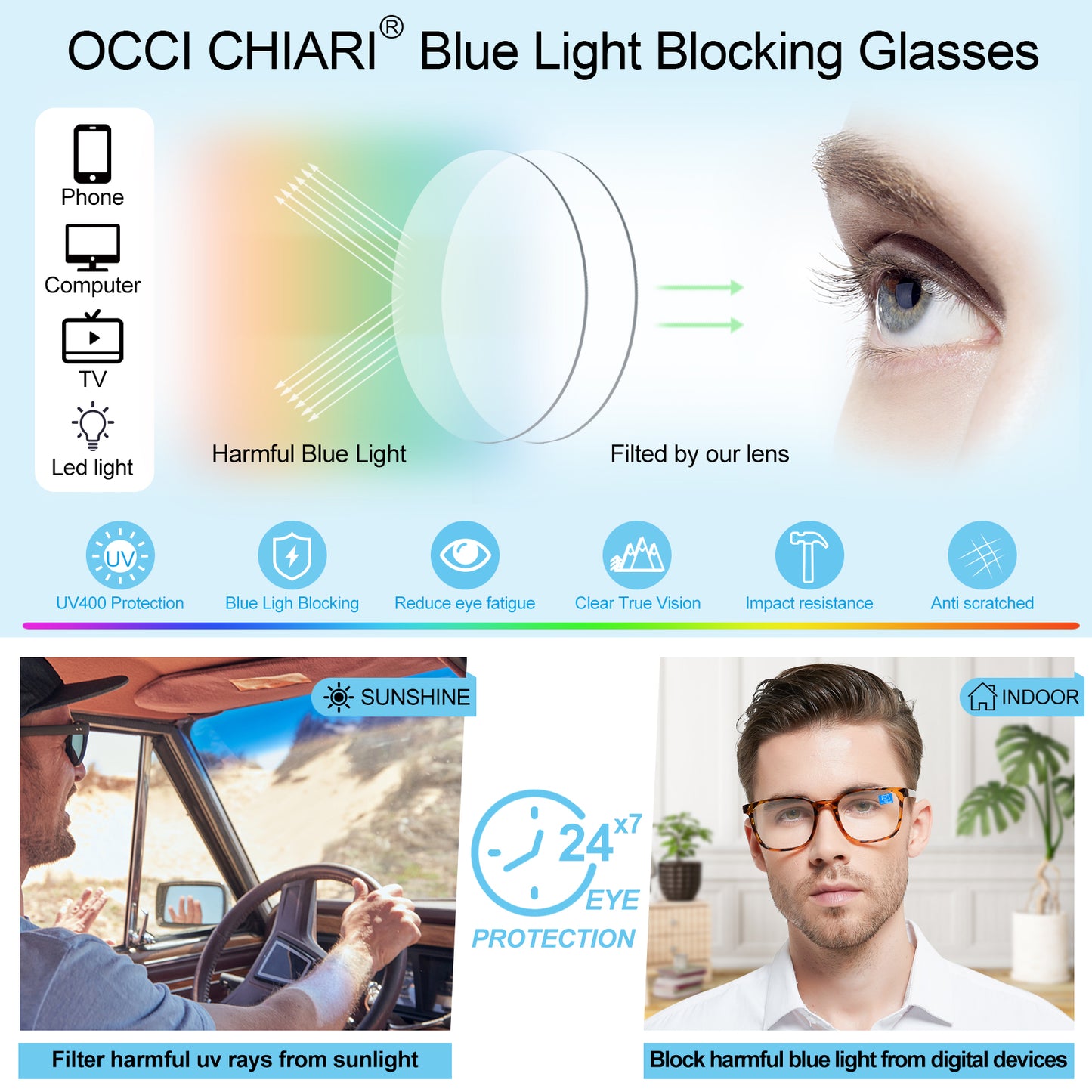 OCCI CHIARI Blue Light Blocking Reading Glasses for Men XL Comfort Readers