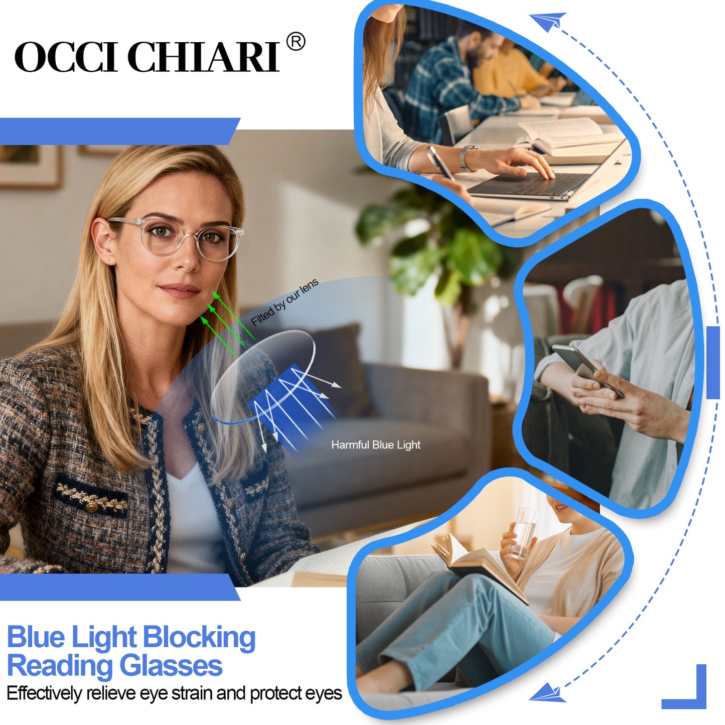OCCI CHIARI Blue Light Filter Reading Glasses Power Anti Glare Readers for Women ABL5017