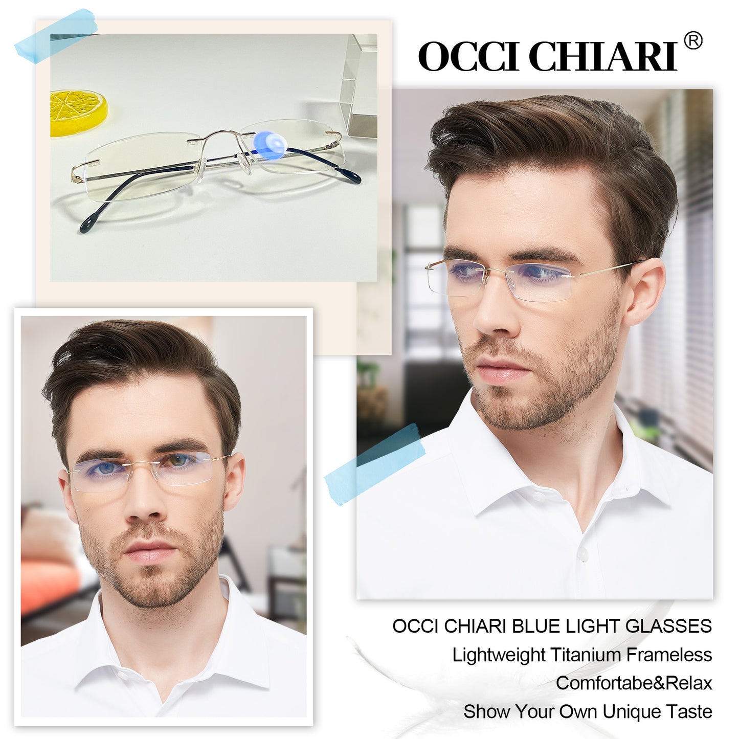 OCCI CHIARI Blue Light Blocking Reading Glasses for Men Titanium Frameless Readers Lightweight