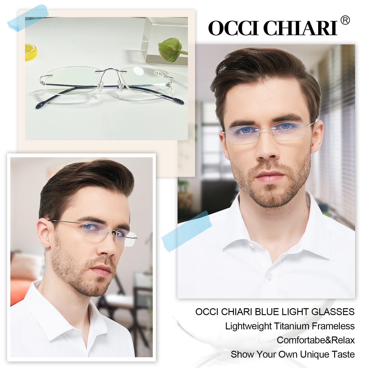 OCCI CHIARI Blue Light Blocking Reading Glasses for Men Titanium Frameless Readers Lightweight