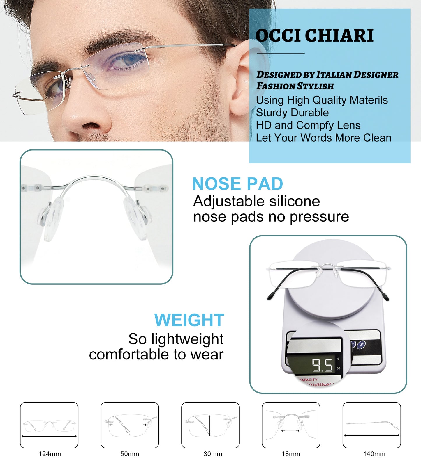 OCCI CHIARI Blue Light Blocking Reading Glasses for Men Titanium Frameless Readers Lightweight