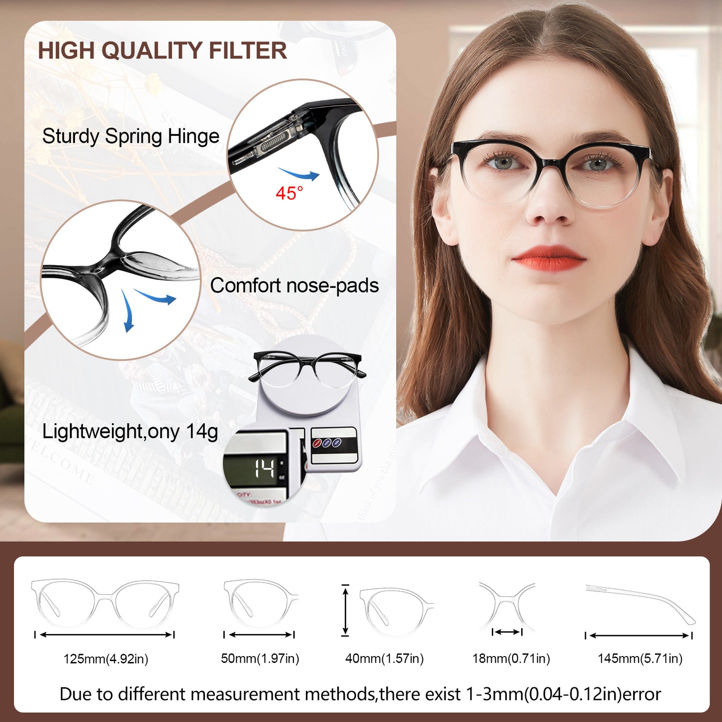 OCCI CHIARI Blue Light Filter Reading Glasses Power Anti Glare Readers for Women 1.0 1.25 1.5 1.75 2.0 2.25 2.5 2.75 3.0 3.5 4.0 5.0 6.0