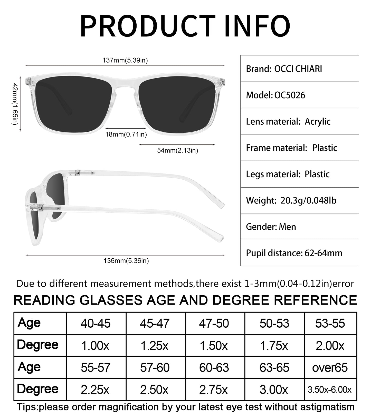 OCCI CHIARI Reading Sunglasses for Men Wide Sun Glasses Readers Outdoor UV400(1.0 1.25 1.5 1.75 2.0 2.25 2.5 2.75 3.0 3.5)