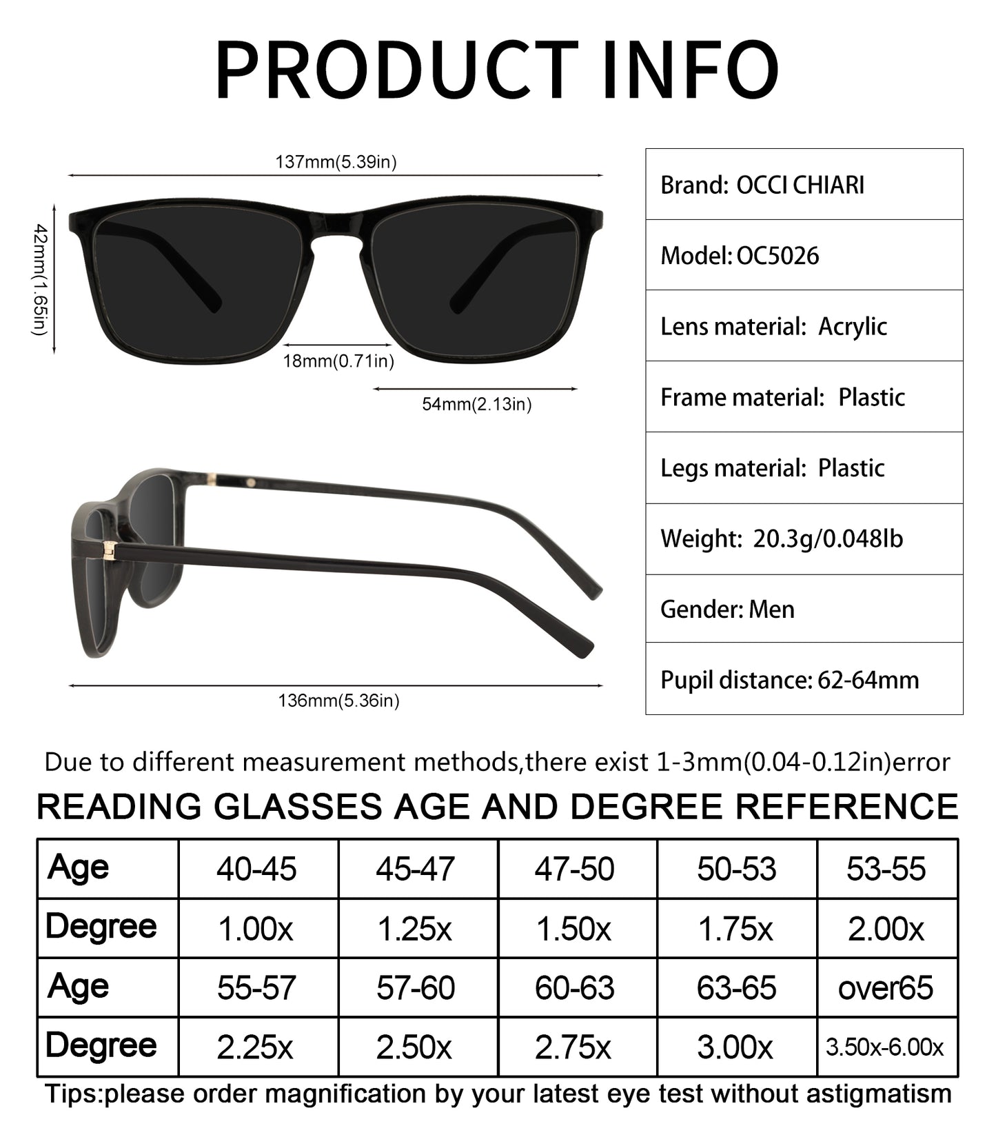 OCCI CHIARI Reading Sunglasses for Men Wide Sun Glasses Readers Outdoor UV400(1.0 1.25 1.5 1.75 2.0 2.25 2.5 2.75 3.0 3.5)