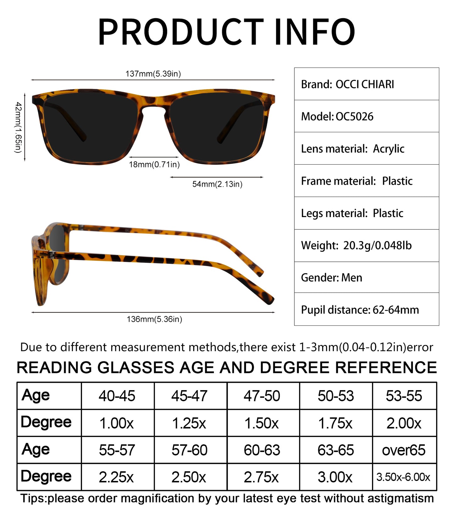 OCCI CHIARI Reading Sunglasses for Men Wide Sun Glasses Readers Outdoor UV400(1.0 1.25 1.5 1.75 2.0 2.25 2.5 2.75 3.0 3.5)